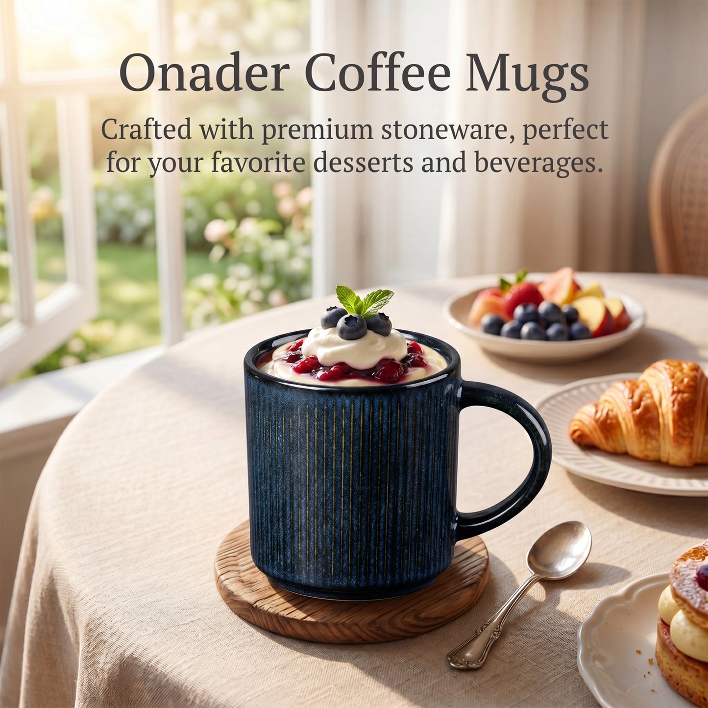 Onader 4-Pieces Coffee Mugs Set, Water Cups with Large Handle, 12 oz Ceramic Mugs Suitable for Tea Milk Latte, Stain-Resistant & Microwave Safe, Starry Blue