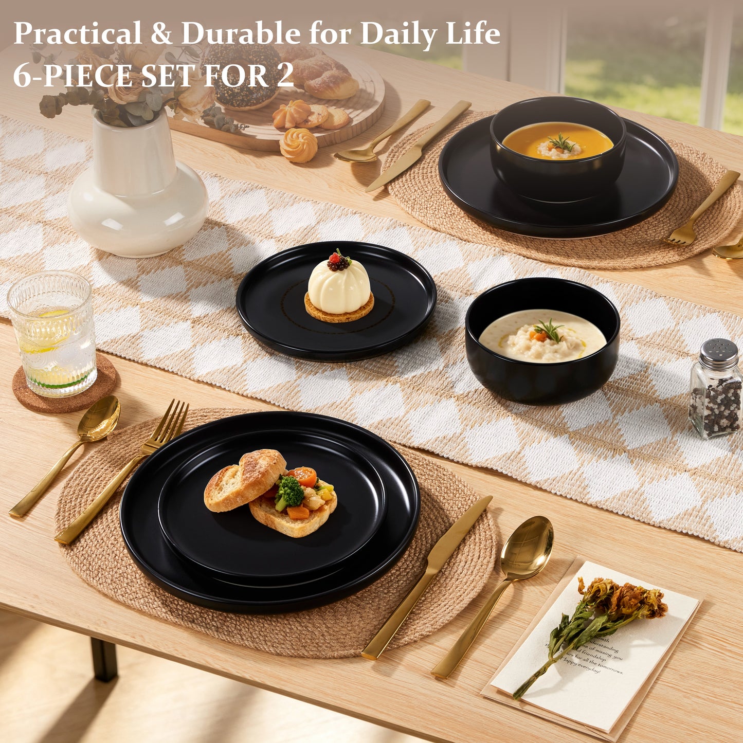 Vesteel Stoneware Dinnerware Sets for 2, 6 Pieces Ceramic Plates and Bowls Sets, Elegant Dishes with Rustic Terracotta Base, Dishwasher & Microwave Safe, Scratch Resistant, Matte Black