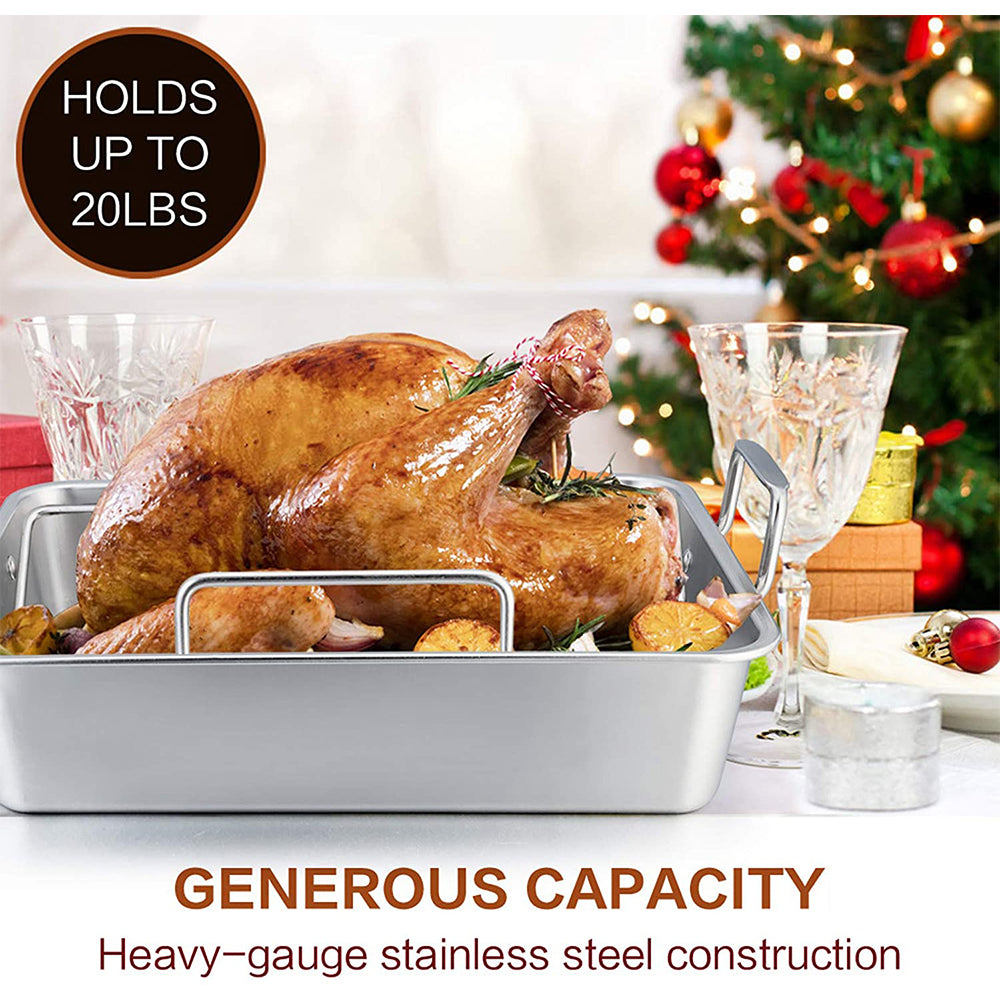 VeSteel Roasting Pan with Rack, Stainless Steel Turkey Roaster Include Deep Lasagna Pan & V-Shaped Rack & Roasting Rack, Heavy Duty & Dishwasher Safe - 17'' x 11.5'' x 5.5''