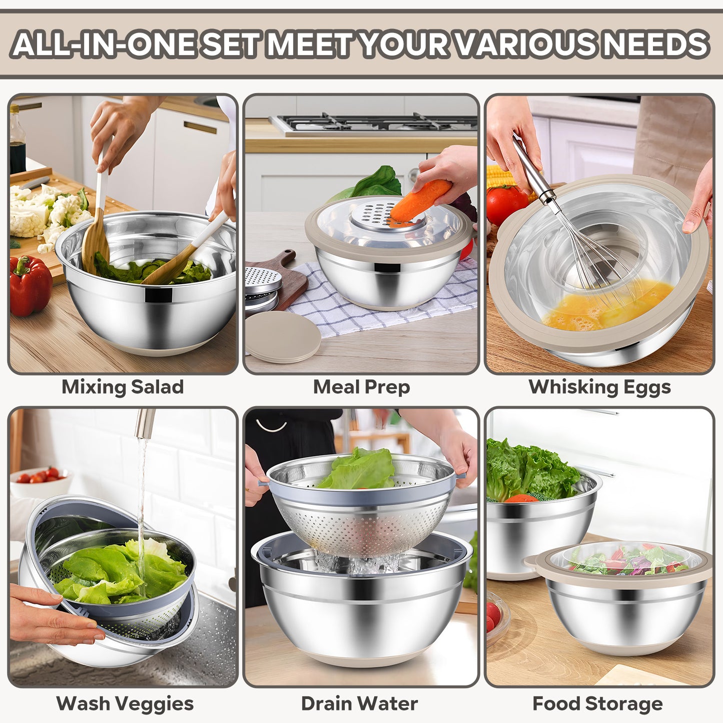 Vesteel Mixing Bowls with Lids Set of 7, Stainless Steel Nesting Bowls with Colander and 3 Graters for Draining Prepping Slicing, Nonslip Bottoms & Airtight Lid, Size 4.6, 2.6, 1.5 Qt, Khaki