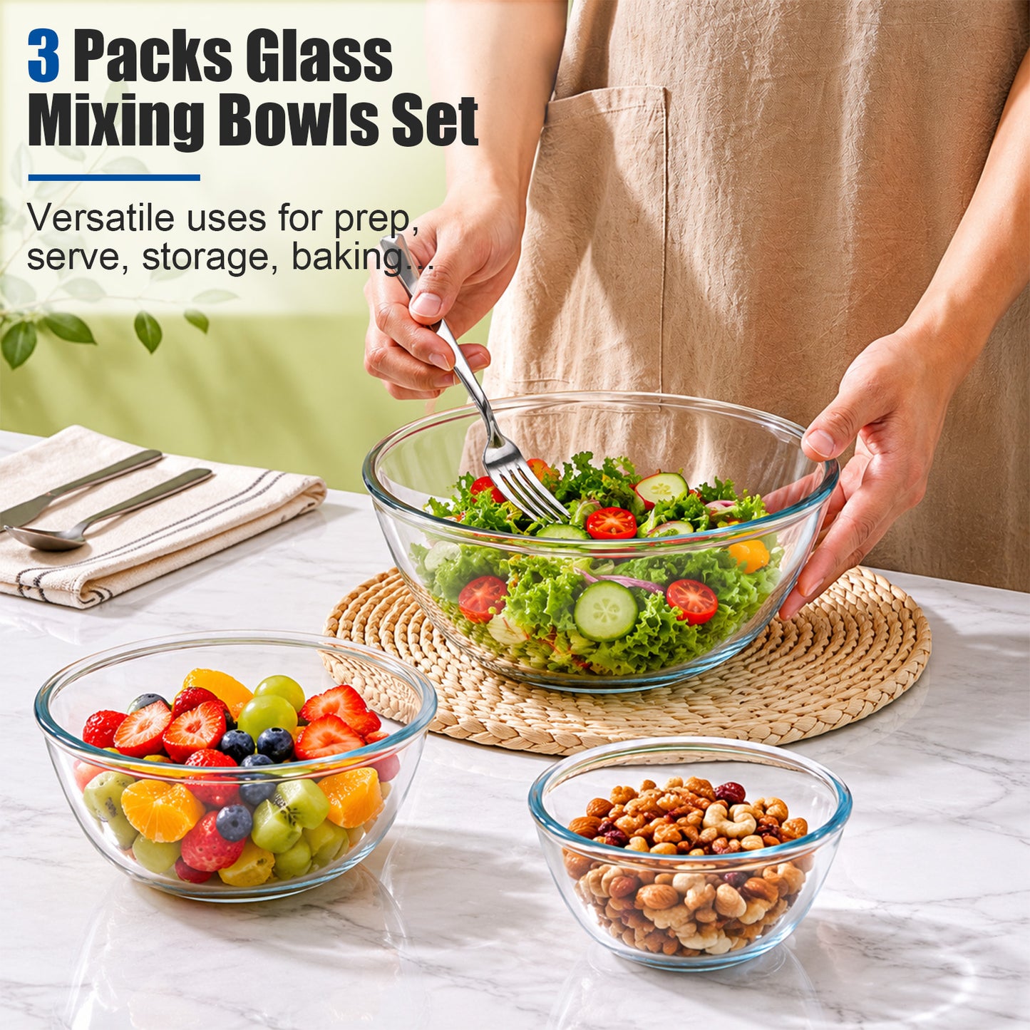 Vesteel 3Pcs Glass Mixing Bowls with Lids Set (0.8QT, 1.7QT, 2.9QT), Nesting Kitchen Salad Bowls with Airtight Vent Lid for Cooking Baking Prepping, Dishwasher, Microwave & Freezer Safe