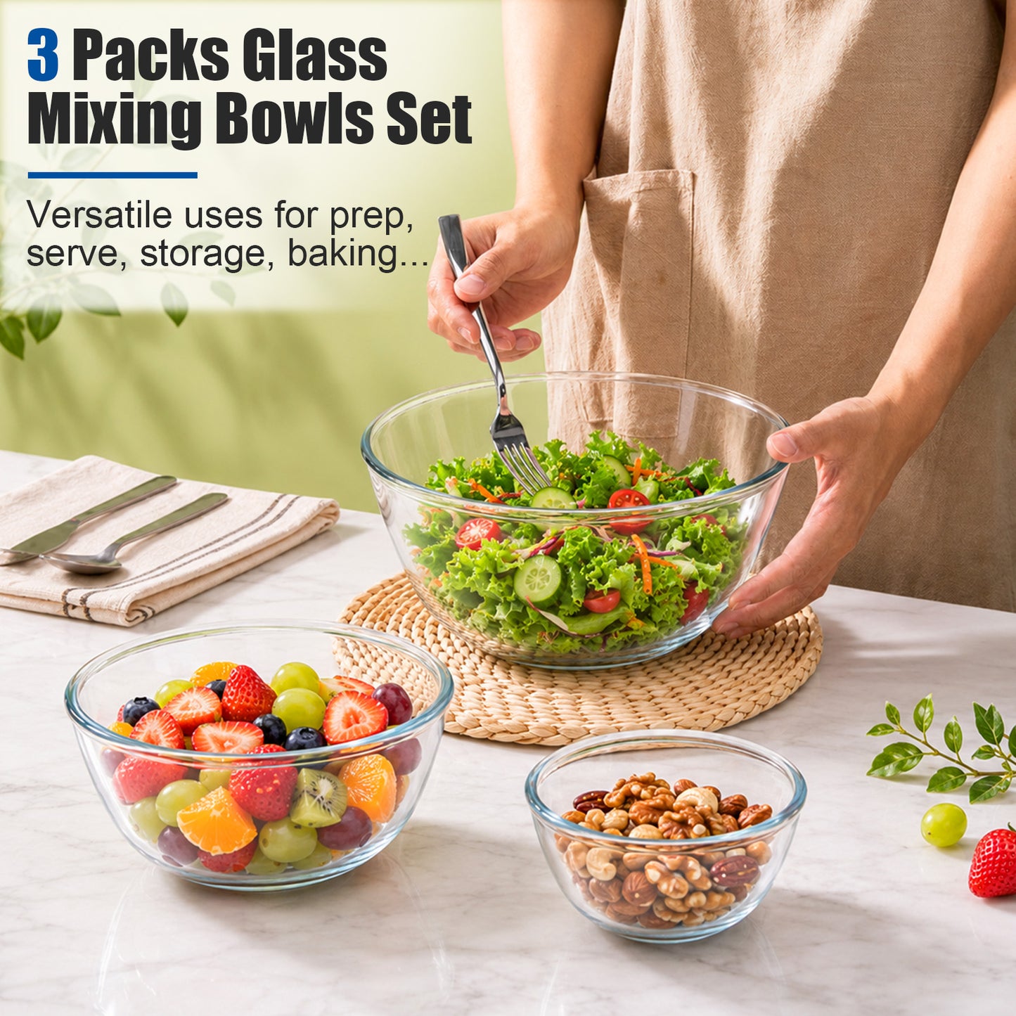Vesteel 3Pcs Glass Mixing Bowls with Lids Set (0.8QT, 2.9QT, 4.8QT), Nesting Kitchen Salad Bowls with Airtight Vent Lid for Cooking Baking Prepping, Dishwasher, Microwave & Freezer Safe