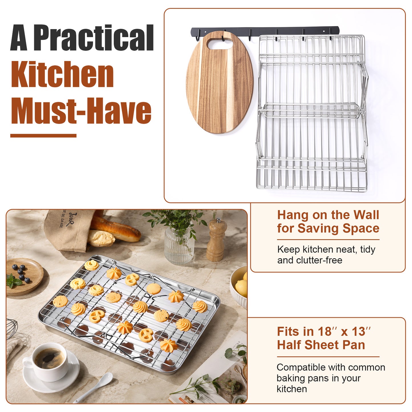 Vesteel 3-Tier Stainless Steel Cooling Racks, Stackable Baking Cooking Racks for Bread Cookie Cakes, Wire Racks with Folding Legs, Oven & Dishwasher Safe, 16.5’’ x 11.4’’