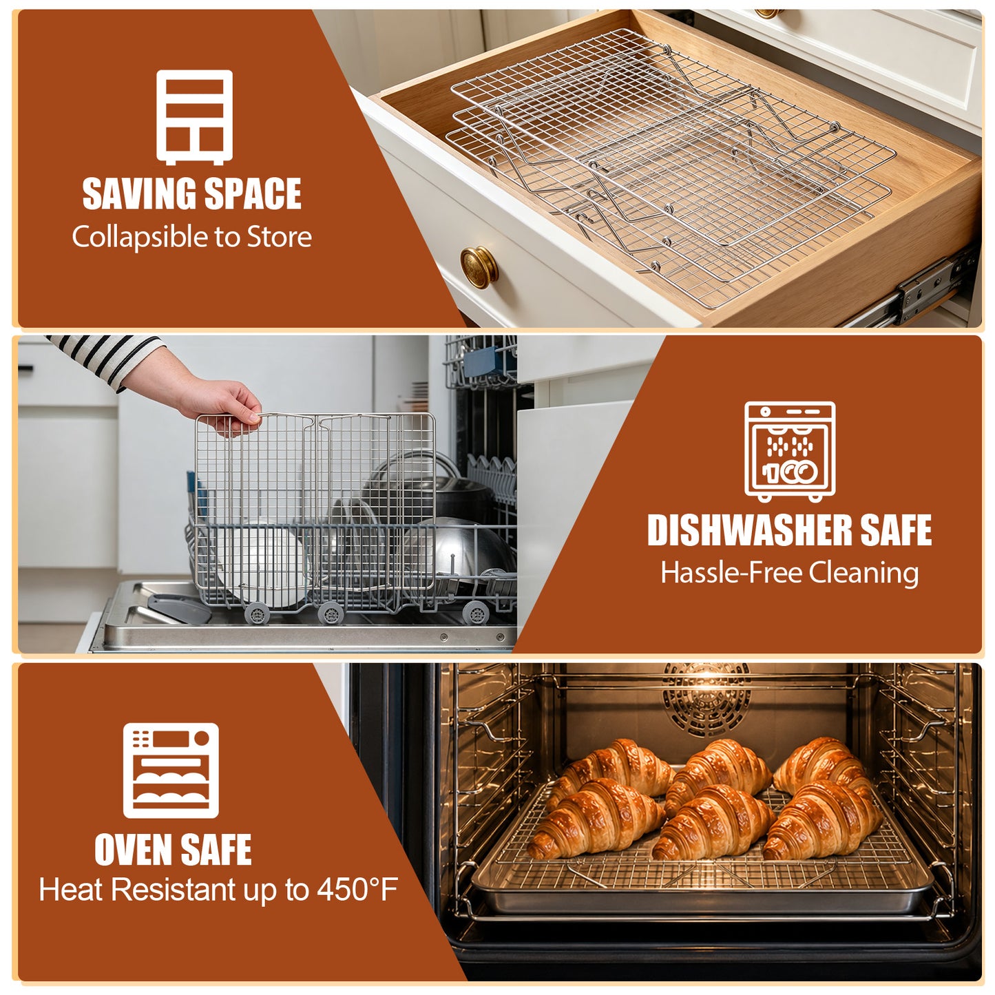 Vesteel 3-Tier Cooling Racks, Stainless Steel Stackable Grid Baking Racks, Collapsible Wire Racks for Cooking Grilling Roasting, Oven & Dishwasher Safe, 15’’ x 10’’