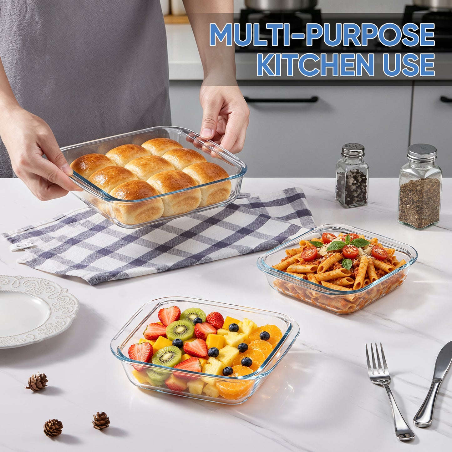Vesteel 3-Piece Glass Baking Dish Set, Square Baking Tray with Handles, Non-Stick Glass Bakeware Set Kitchen Casserole Dishes for Prepping and Baking, Heat-Resistant & Oven Freezer Dishwasher Safe