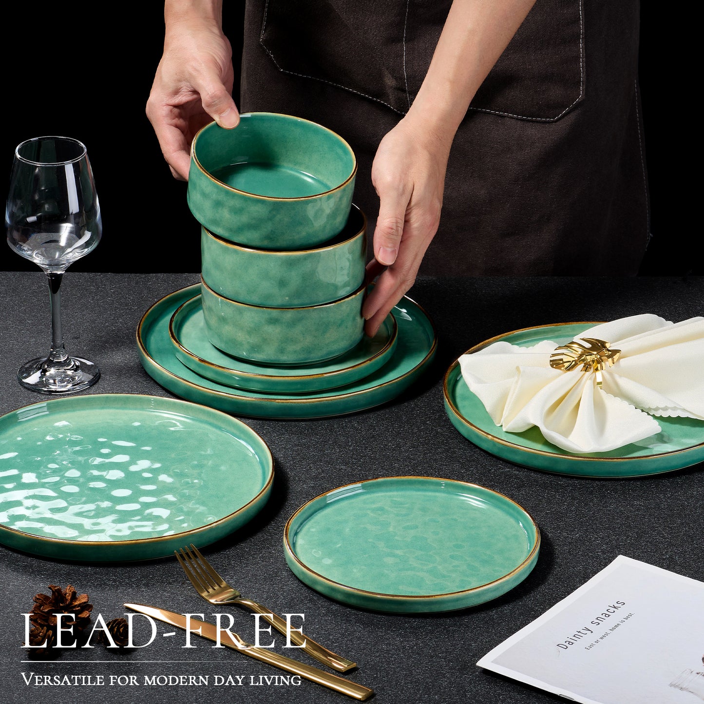 Vesteel Dinnerware Sets, 12-Piece Stoneware Plates and Bowls Set, Dishes Set for 4, Elegant Ceramic Dinnerware for Home Restaurant - Jade Green