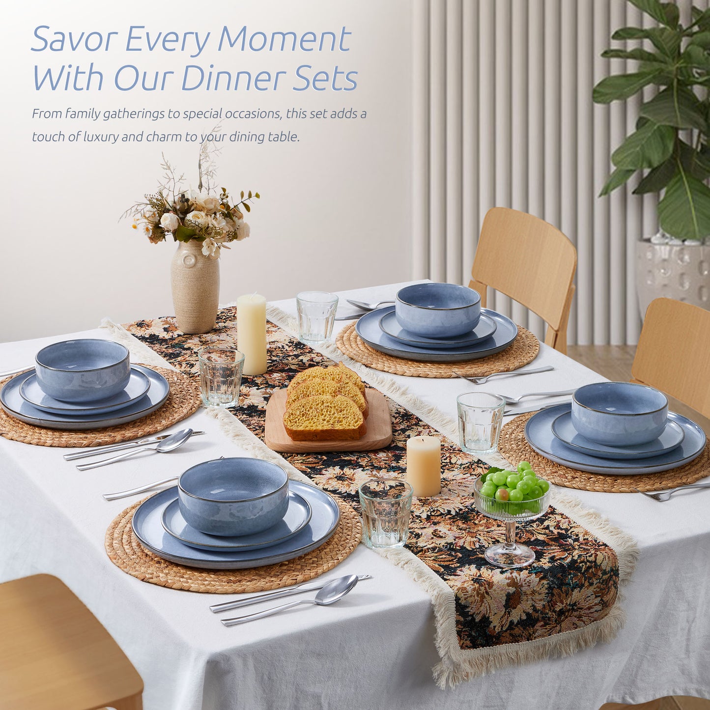 Onader 12 Piece Dinnerware Sets, Plates and Bowls Set for 4, Handmade Stoneware Dishes Sets for Home Restaurant, Dishwasher & Microwave Safe - Gray Blue