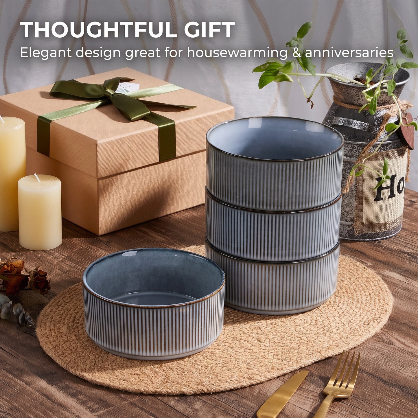 Vesteel Cereal Bowl for 4, 26oz Stoneware Soup Bowls with Textured Stripes, 4-Piece Ceramic Kitchen Bowls for Salad Fruit Pasta Soup, Dishwasher Safe & Microwave Safe, Smoky Blue