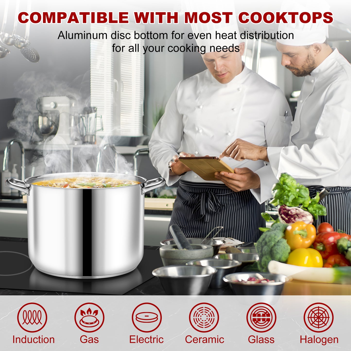 Vesteel 24 QT Stock Pot with Lid, Stainless Steel Large Cookware for Stewing Simmering, Tri-ply Bottom for Induction Gas Electric Stove, Heavy Duty & Food Grade