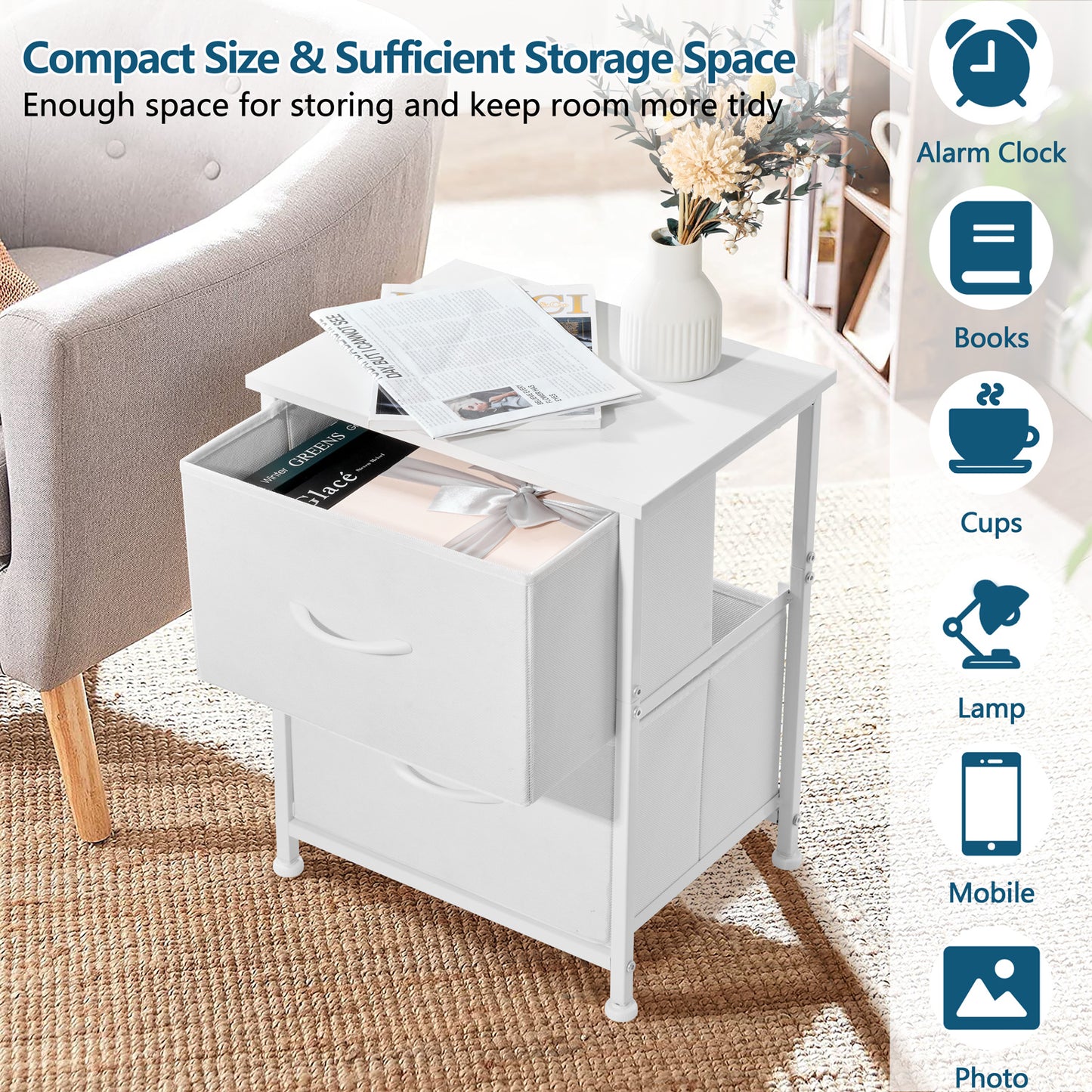 Vesteel Nightstand, 2 Drawers Dresser with Wood Top and Sturdy Steel Frame, Fabric End Table Bedside Furniture Dresser for Bedroom Closet Dorm - White