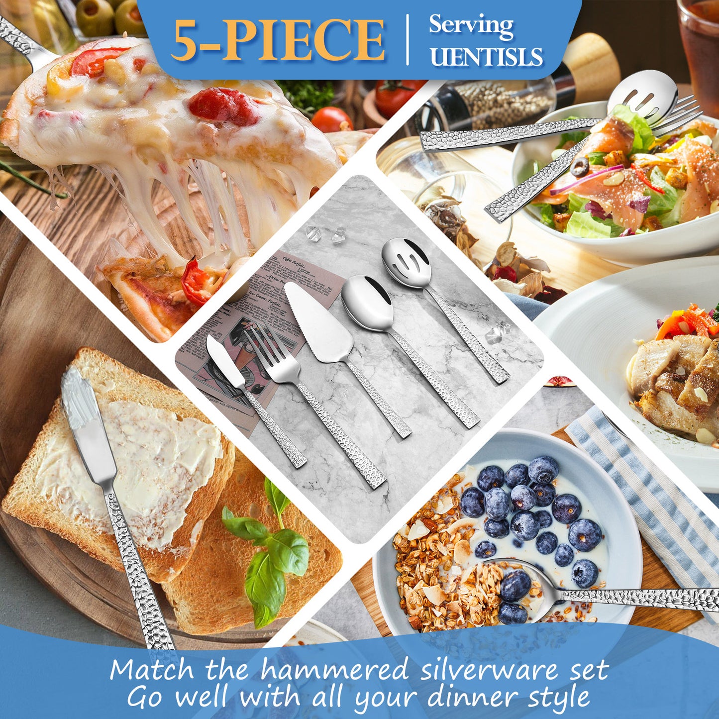 Vesteel 40-Piece Hammered Silverware Set with 5 Serving Utensils, Stainless Steel Square Flatware Tableware Cutlery Set Service for 8, Heavy Duty & Dishwasher Safe