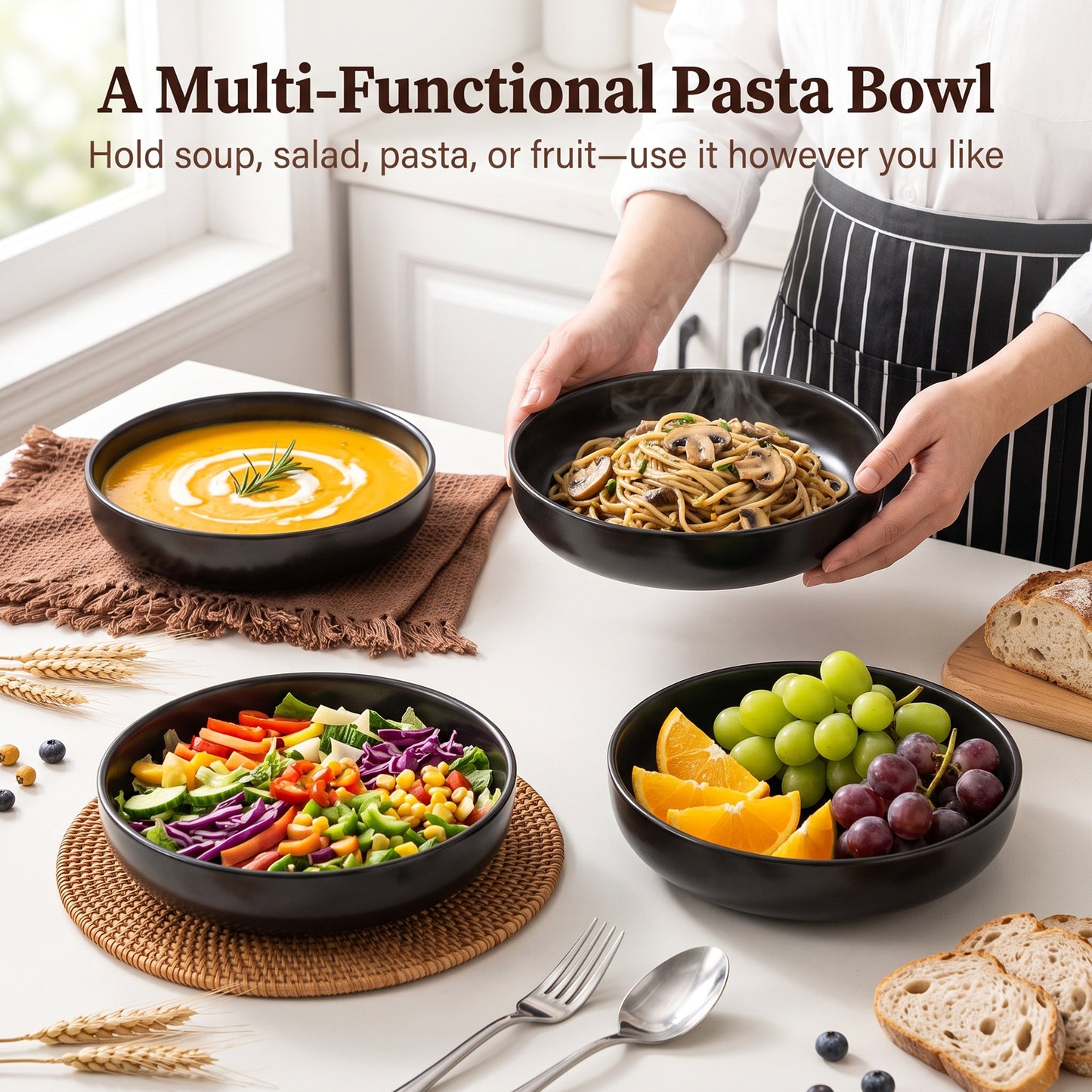 Onader Pasta Bowls Set of 4, 35oz Stoneware Large Pasta Bowls, Wide & Shallow Pasta Plates for Salad Soup Dessert, Microwave and Dishwasher Safe - Matte Black