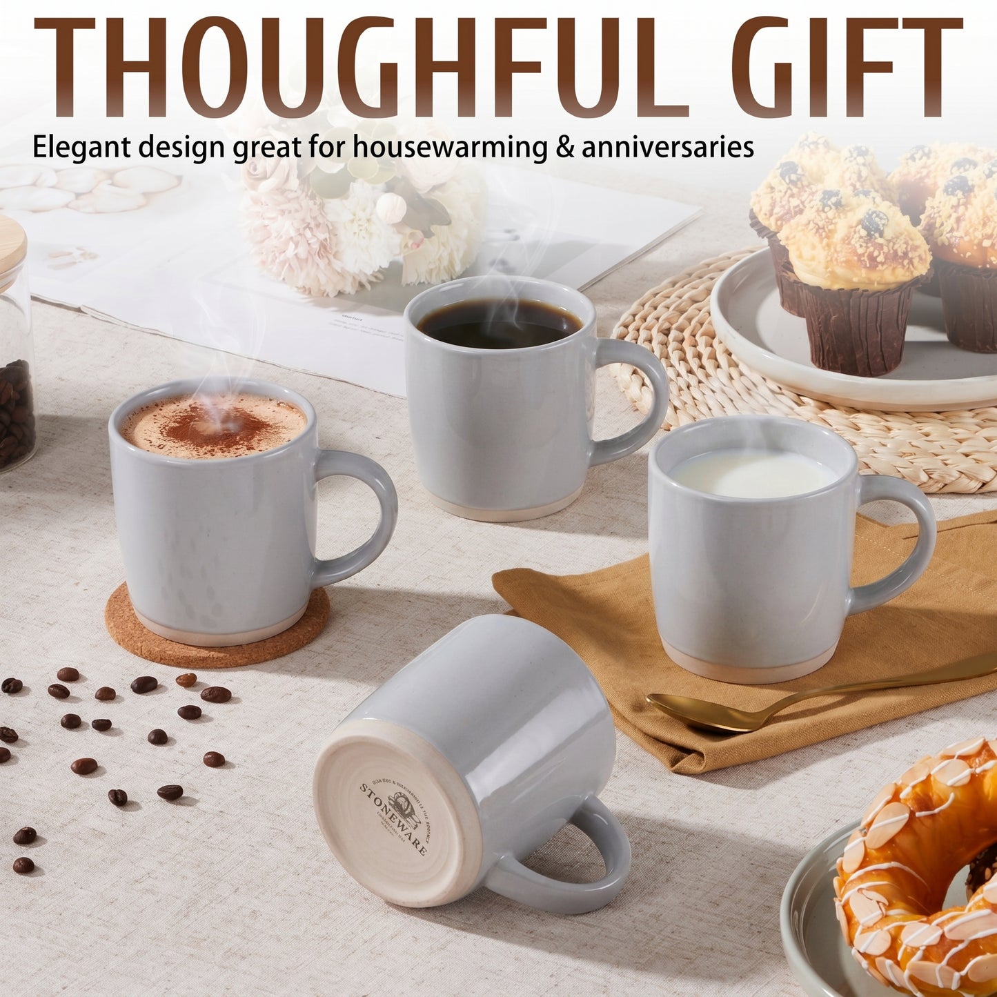 Vesteel Coffee Mugs Set of 4, 12oz Porcelain Coffee Cups with handle, Ceramic Stoneware Mug for Milk, Coffee, Hot Cocoa, Microwave & Dishwasher Safe, Light Gray