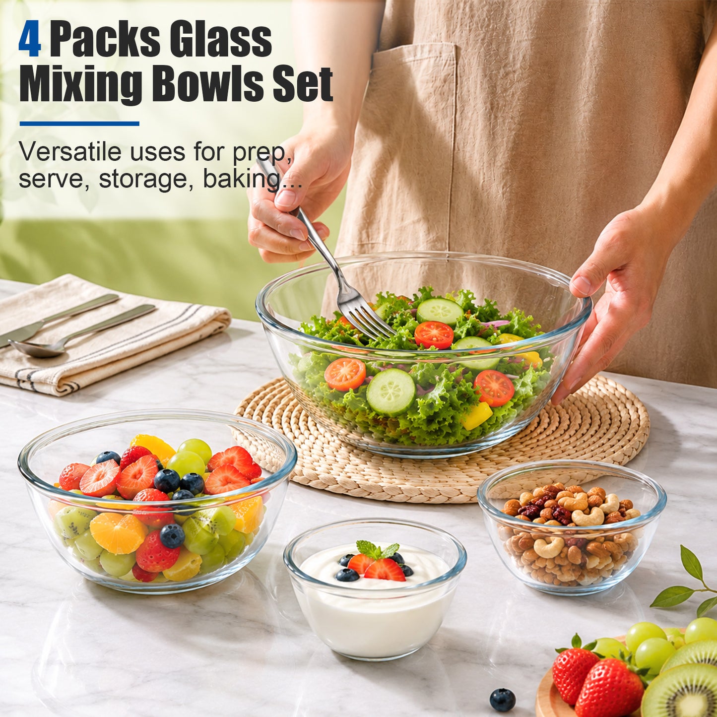 Vesteel 4Pcs Glass Mixing Bowls with Lids Set (0.5/0.8QT/1.7/2.9QT), Nesting Kitchen Salad Bowls with Airtight Vent Lid for Cooking Baking Prepping, Dishwasher, Microwave & Freezer Safe