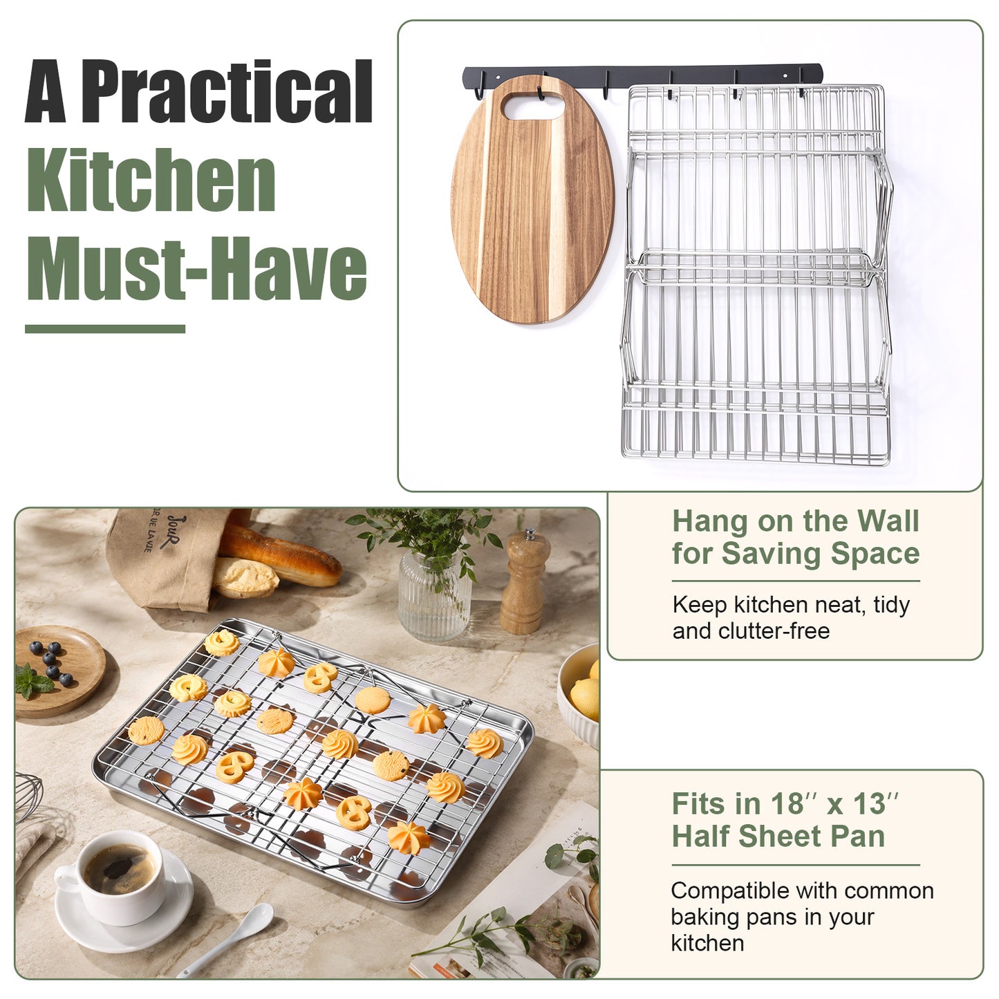 Vesteel 4-Tier Stainless Steel Cooling Racks, Stackable Baking Cooking Racks for Bread Cookie Cakes, Wire Racks with Folding Legs, Oven & Dishwasher Safe, 16.5’’ x 11.4’’