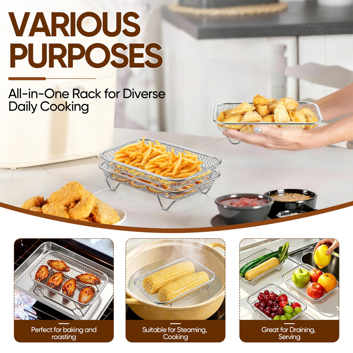 Vesteel Rectangular Air Fryer Racks, 3 Tier Stackable Air Fryer Basket Accessories, 7.7” x 5.3” Dehydrator Rack for Air Fryer Steamer Oven, Fits 4.5 -10 QT Air Fryer, Dishwasher Safe
