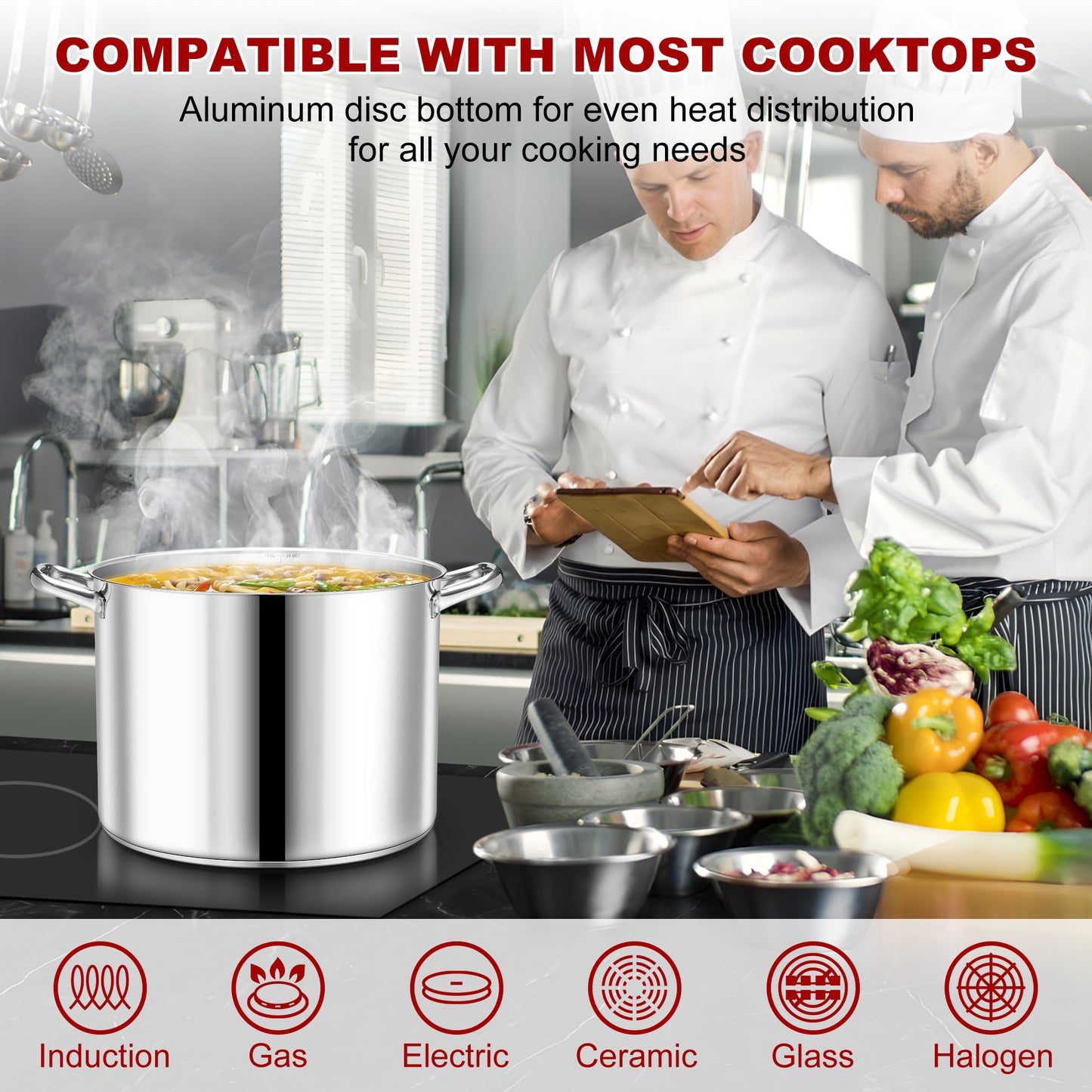 Vesteel 20 QT Stock Pot with Lid, 3 Tri-ply Stainless Steel Cooking Pot for Induction Gas Electric Stove, Big Stockpot for Cooking Soup Spaghetti, Dishwasher Safe