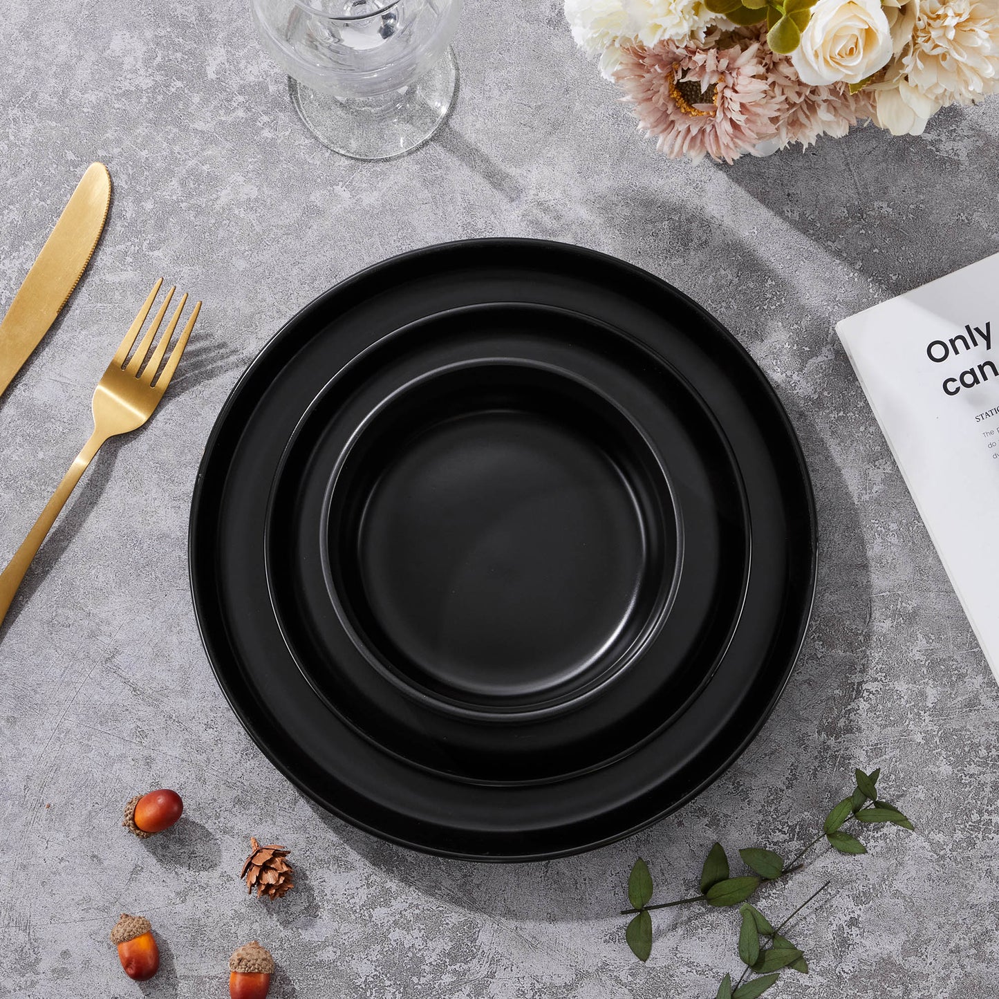 Vesteel Dinnerware Sets for 4, 12-Piece Stoneware Dish and Bowls Set, Handmade Reactive Glaze Coupe Plates Set for Family, Chip & Scratch Resistant - Matte Black
