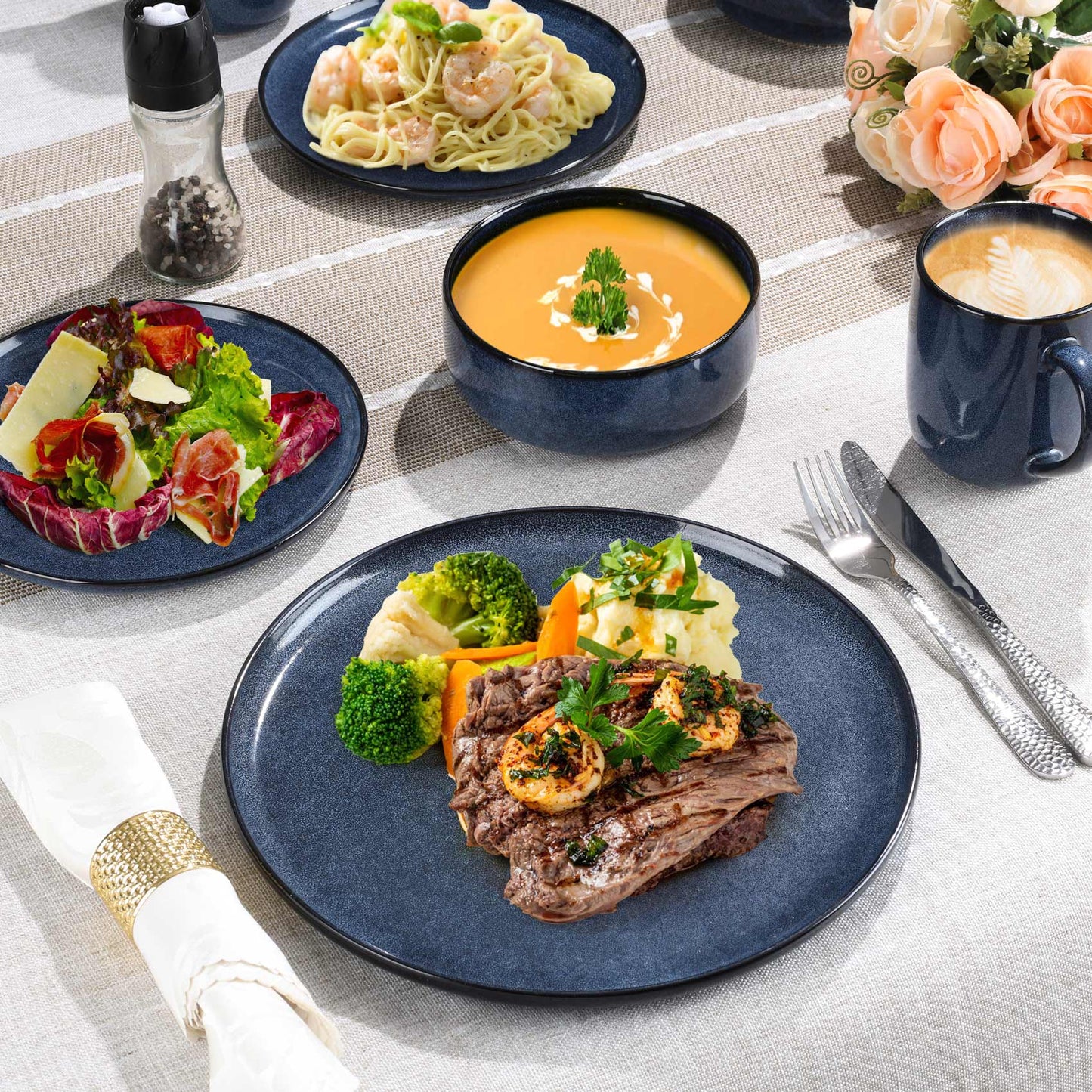 Onader 12 Piece Stoneware Dinnerware Sets, Plates and Bowls Dish Set for 4, Speckled Kitchen Dining Plates and Bowls, Dishwasher & Microwave Safe - Starry Sky Blue