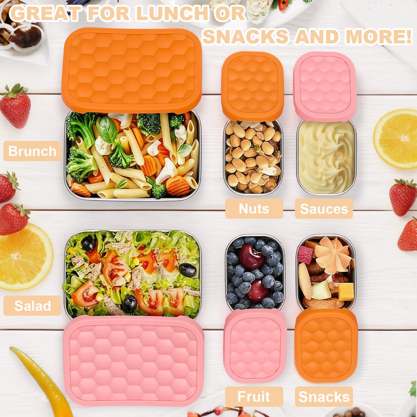 Vesteel Stainless Steel Lunch Container Set, Leak Proof Bento Box with Silicone Lids, Portable Metal Lunch Box for School and Daycare(25OZ + 8OZ*2), Orange