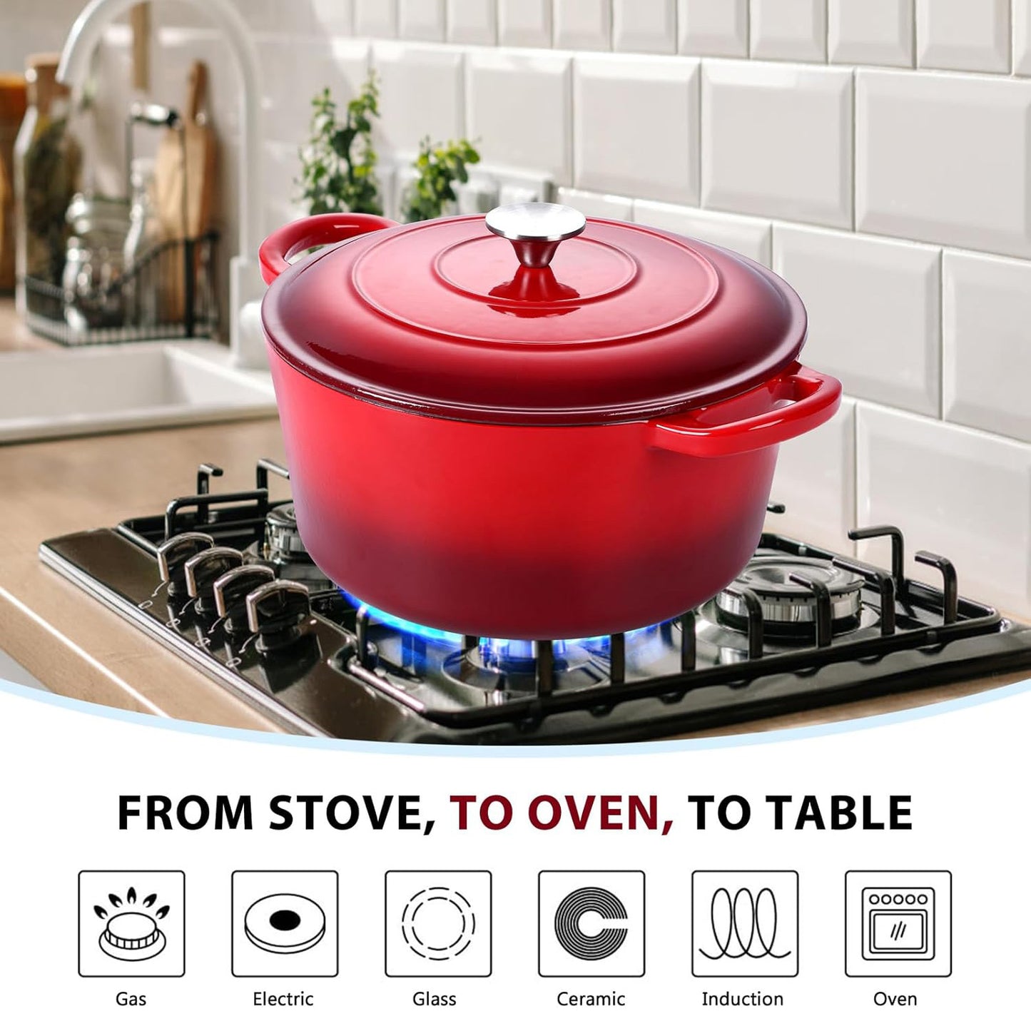Vesteel Enameled Cast Iron Dutch Oven with Lid, 6 Quart Round Dutch Oven Pot Nonstick Cookware for Braising, Stews, Roasting, Bread Baking, Cooking, Heavy Duty, Induction & Oven Safe - Red