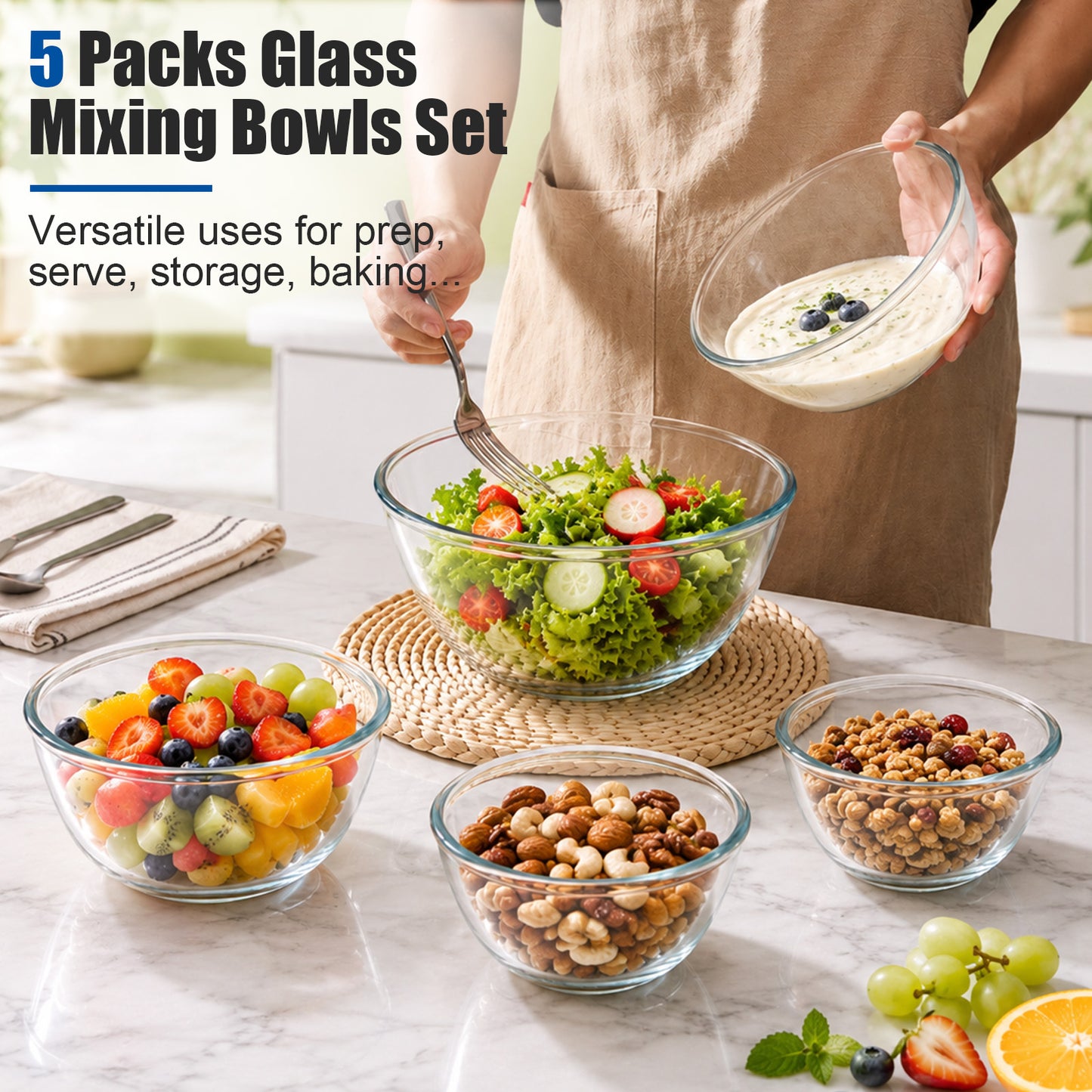 Vesteel 5Pcs Glass Mixing Bowls with Lids Set (4.8/2.9/1.7/0.8/0.5QT), Nesting  Large Salad Bowls with Airtight Vent Lid for Kitchen Cooking Baking Prepping, Dishwasher, Microwave & Freezer Safe