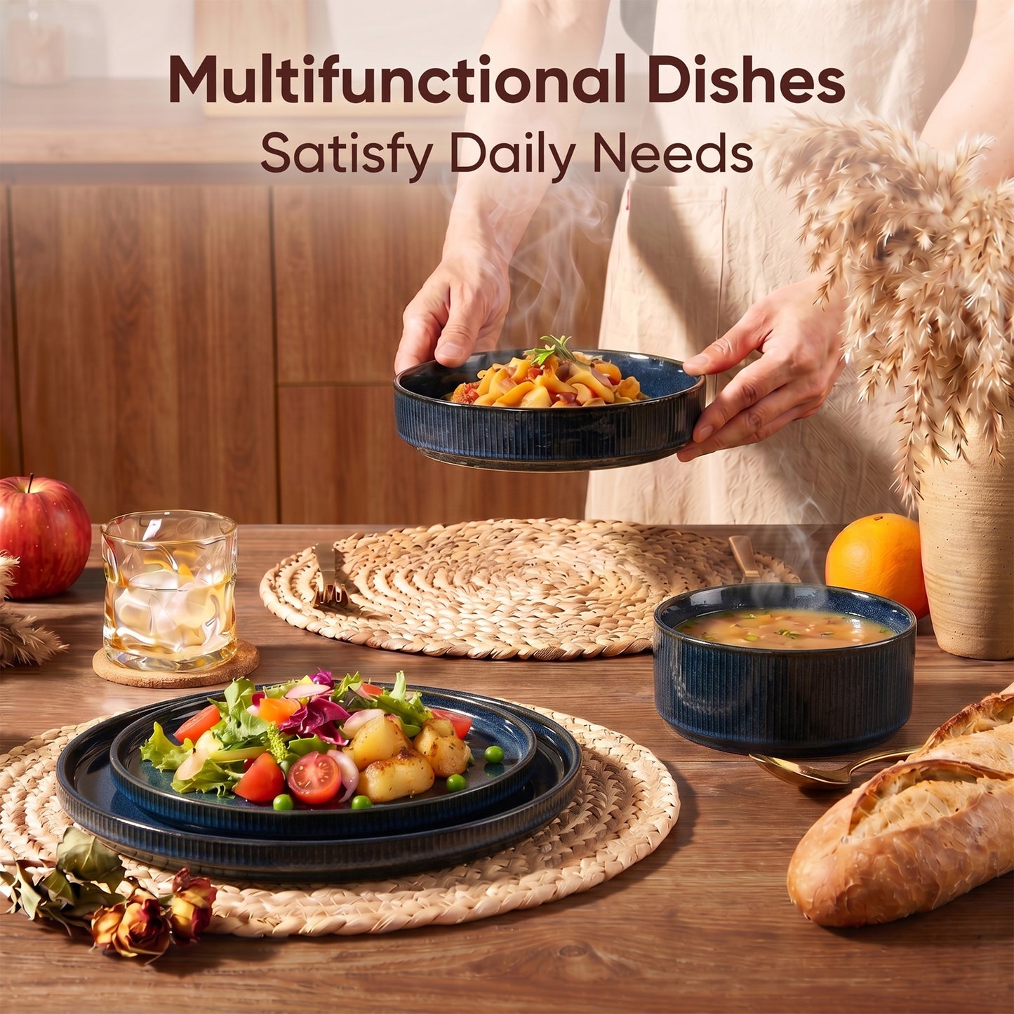 Onader 8-Piece Stoneware Dinnerware Set, Vertical Striped Reactive Glaze Plates and Bowls Sets for the Kitchen, Microwave & Dishwasher Safe, Starry Blue