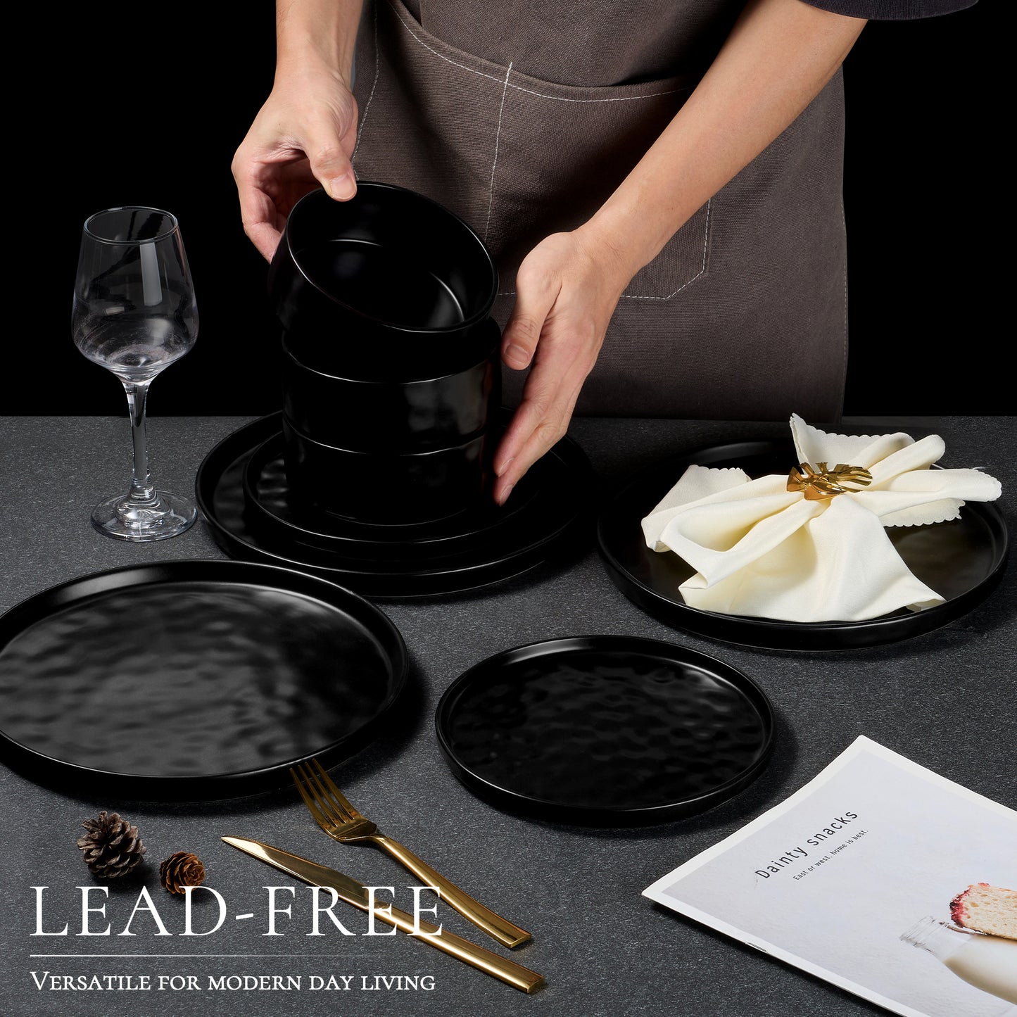 Vesteel Dinnerware Sets, 12-Piece Stoneware Plates and Bowls Set, Dishes Set for 4, Elegant Ceramic Dinnerware for Home Restaurant - Matte Black