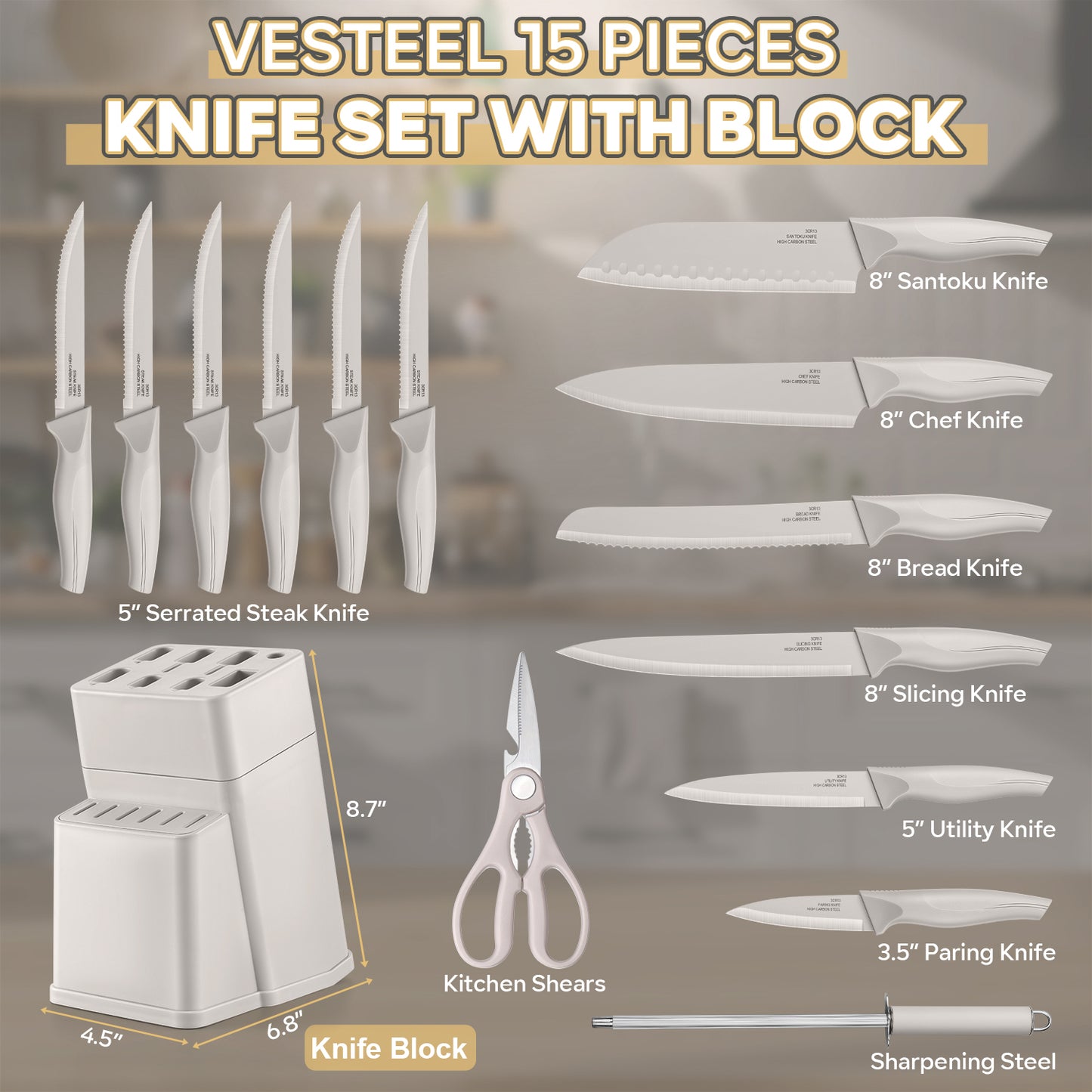 Vesteel Knife Set for Kitchen with Block, 15 Pcs Stainless Steel Kitchen Knife Set with Self Sharpening - Khaki