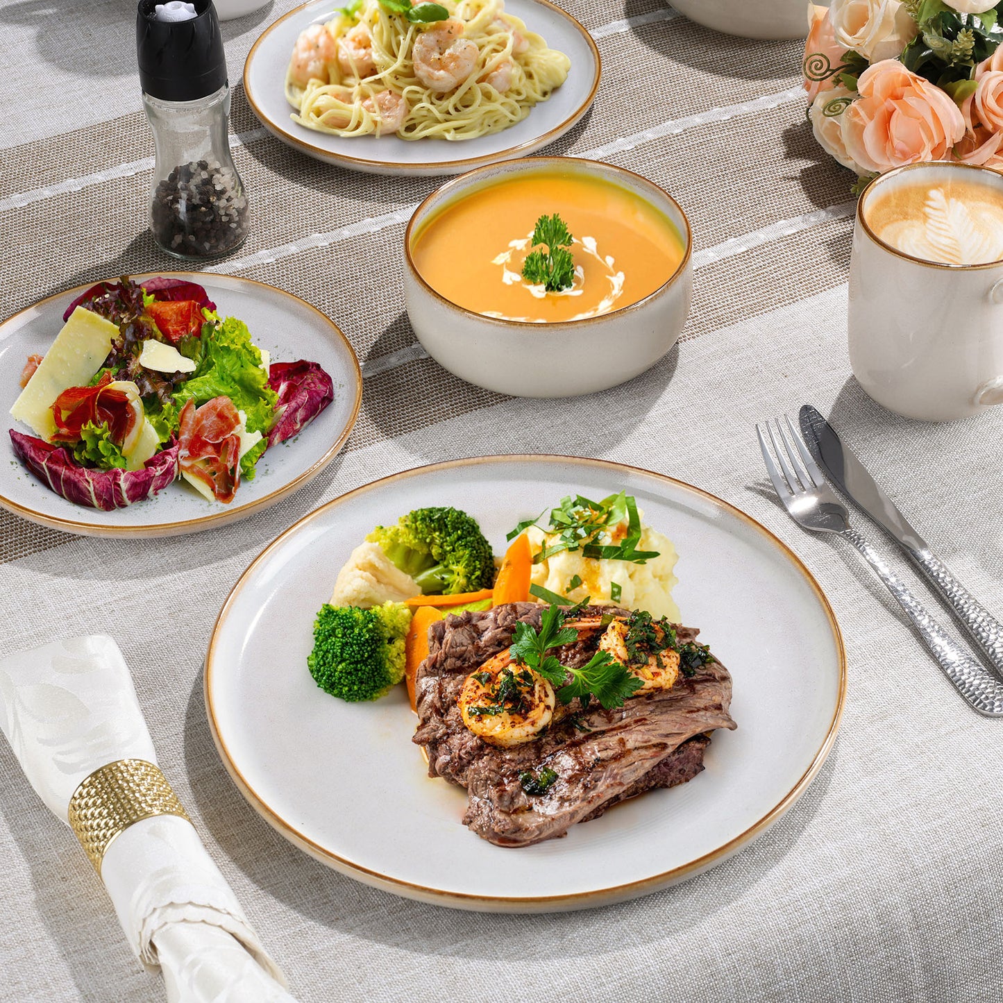 Onader 12 Piece Dinnerware Sets, Plates and Bowls Set for 4, Handmade Stoneware Dishes Sets for Home Restaurant, Dishwasher & Microwave Safe - Seashell White