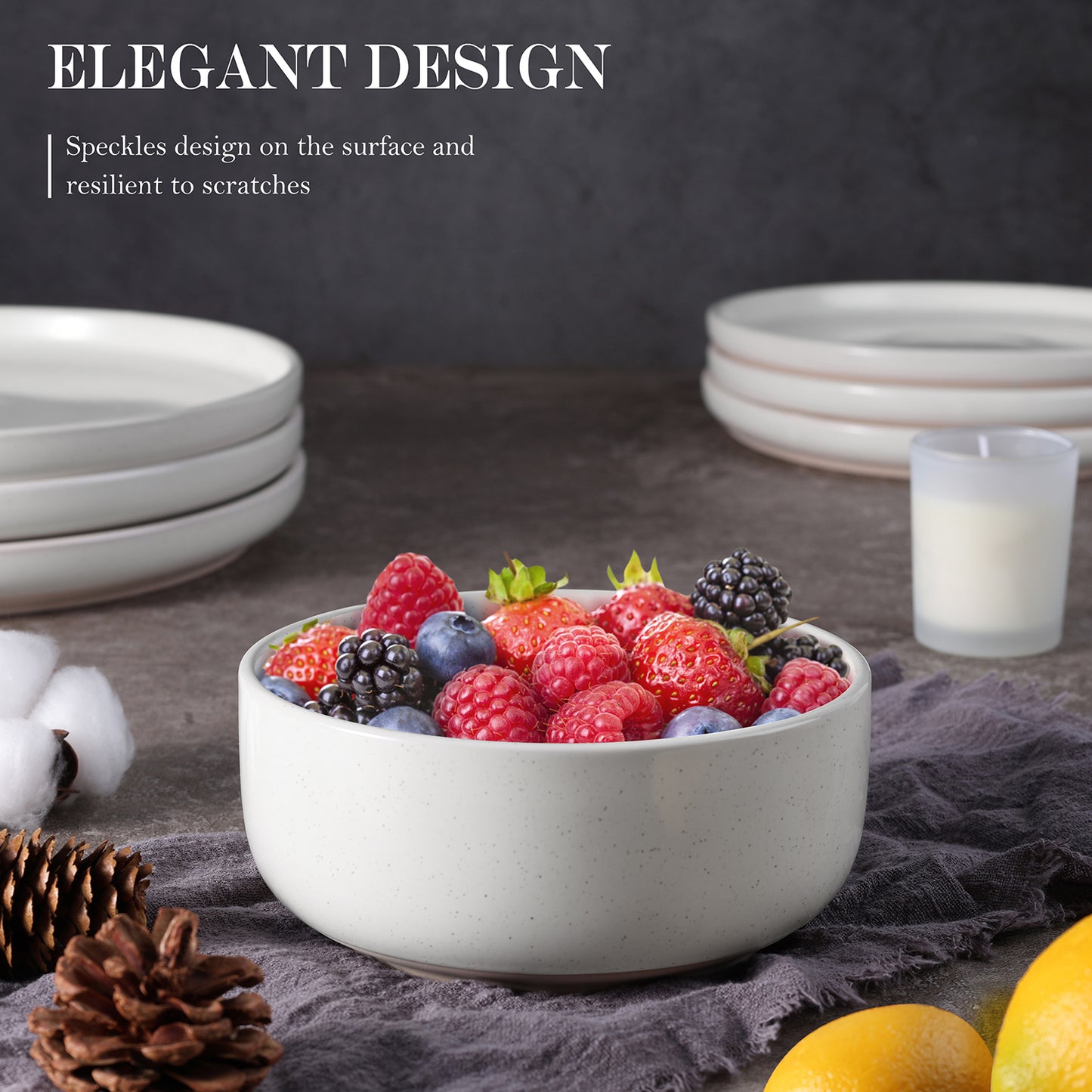 Vesteel 18-Piece Dinnerware set, Ceramic Plates and Bowls set for 6, Speckled Stoneware Dishes Set for Family, Microwave & Dishwasher Safe - Speckled White