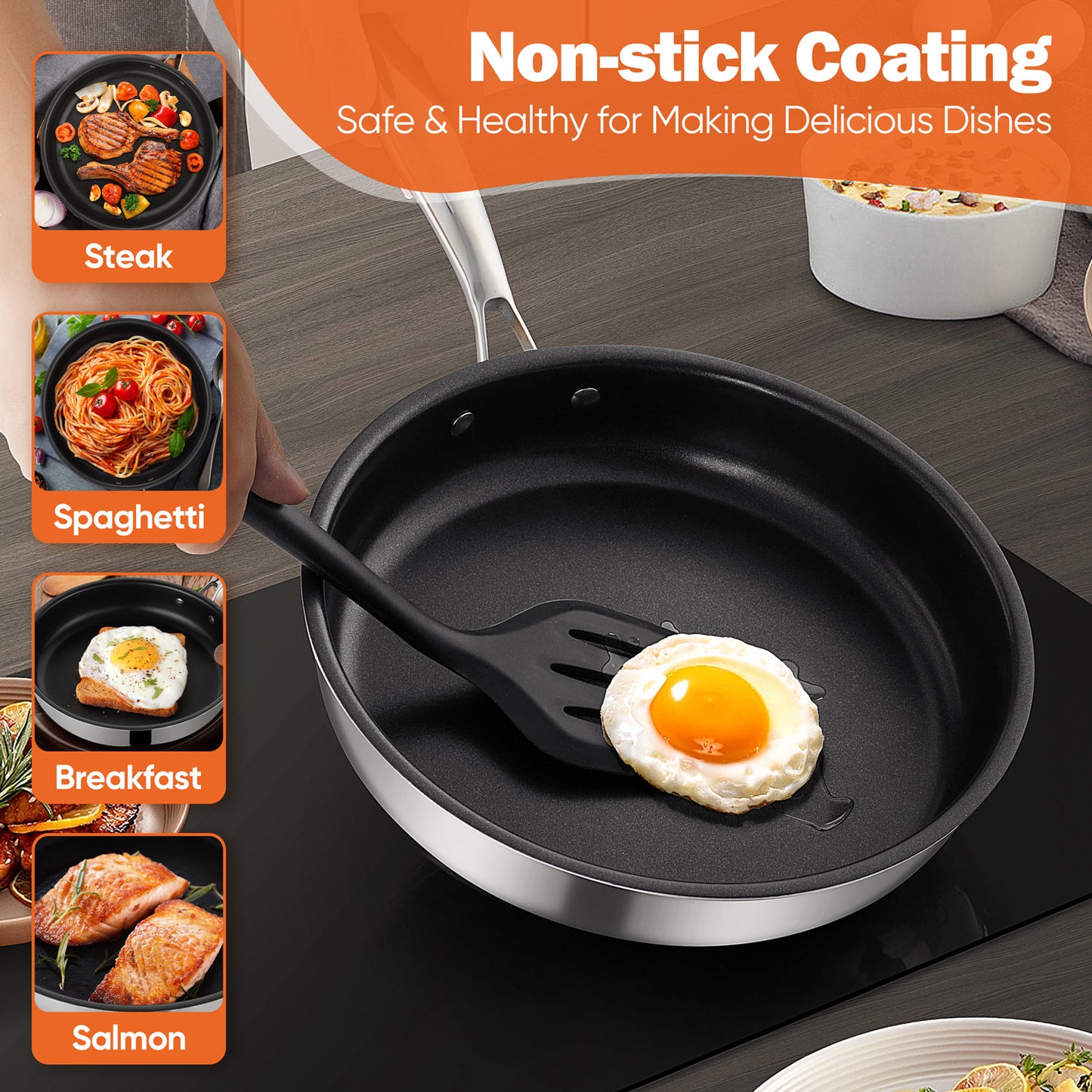Vesteel 10” Nonstick Frying Pan, Tri-ply Stainless Steel for Kitchen Cooking Steaks Eggs, Skillet Suitable for Various Stovetops, Gas Electric Oven or Induction Safe, Dishwasher Safe