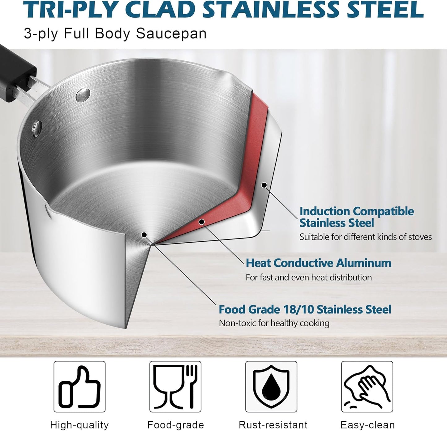 Vesteel 2QT Saucepan with Lid, 2 Quart Tri-Ply Stainless Steel Sauce Pan with Pour Spout, Multipurpose Induction Pot with Heat-Proof Handle for Gas Electric Stove Top Camping, Dishwasher Safe