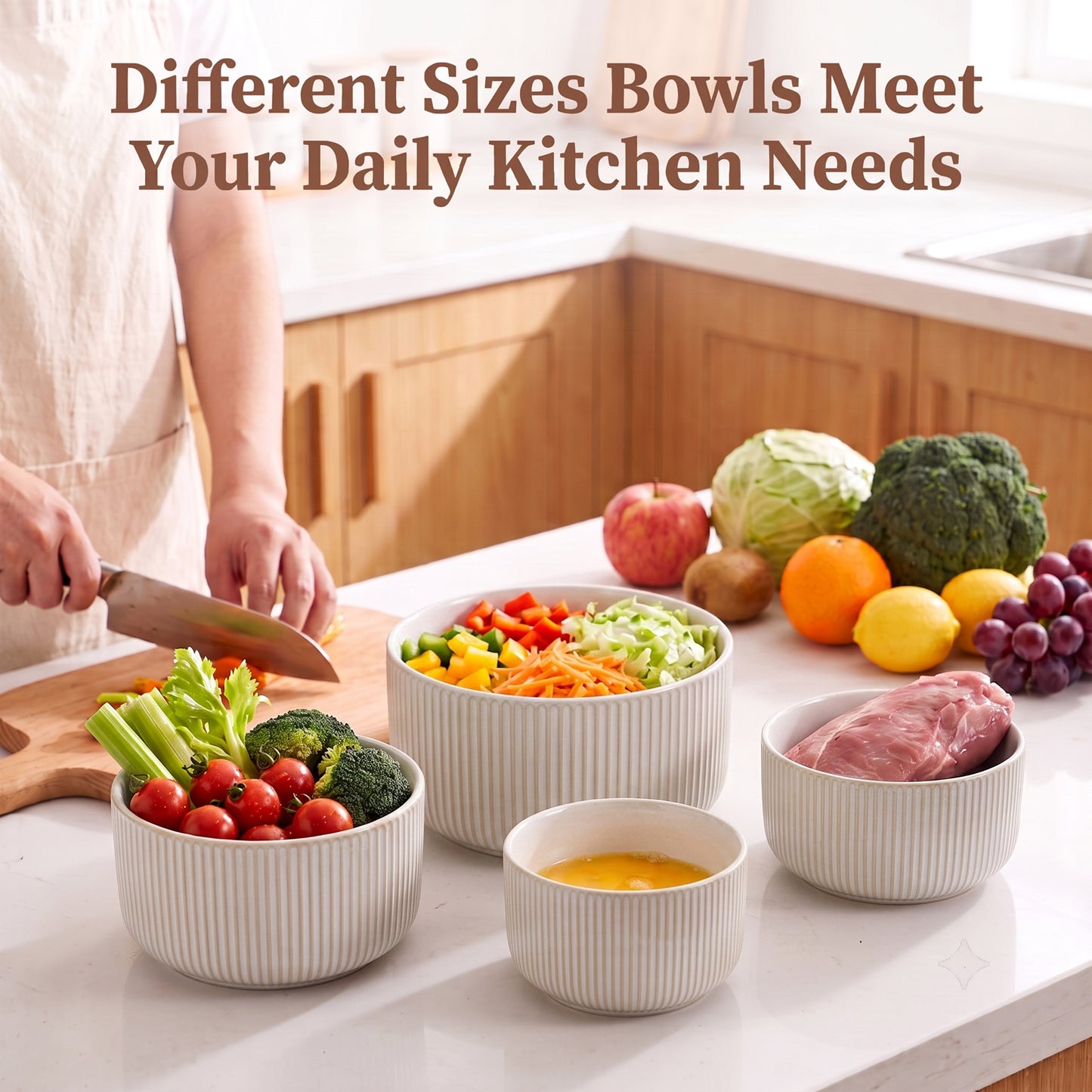Onader 8-Piece Ceramic Bowls with Lid, Mixing Bowls Set of 4 for Kitchen Meal Prep Food Storage Leftover, Stoneware Serving Bowl for Cooking Baking, Seashell White