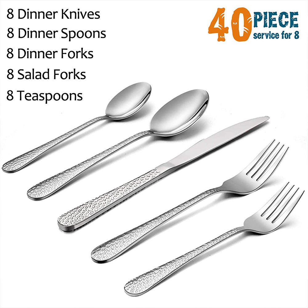 Hammered Silverware Set for 8, VeSteel 40-Piece Stainless Steel Flatware Cutlery Set, Includes Knives, Forks, Spoons, Modern Design & Mirror Polished - Dishwasher Safe