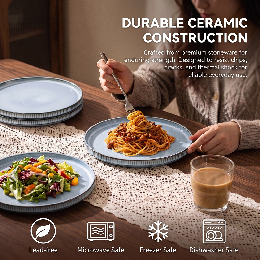 Vesteel Salad Plate for 4, 8 inch Stoneware Dinner plates with Textured Stripes, 4-Piece Ceramic Kitchen Plates for Dessert Salad, Dishwasher Safe & Microwave Safe, Smoky Blue