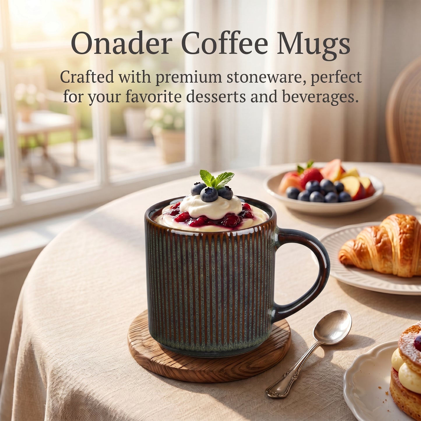 Onader 4-Pieces Coffee Mugs Set, Water Cups with Large Handle, 12 oz Ceramic Mugs Suitable for Tea Milk Latte, Stain-Resistant & Microwave Safe, Blackish Green