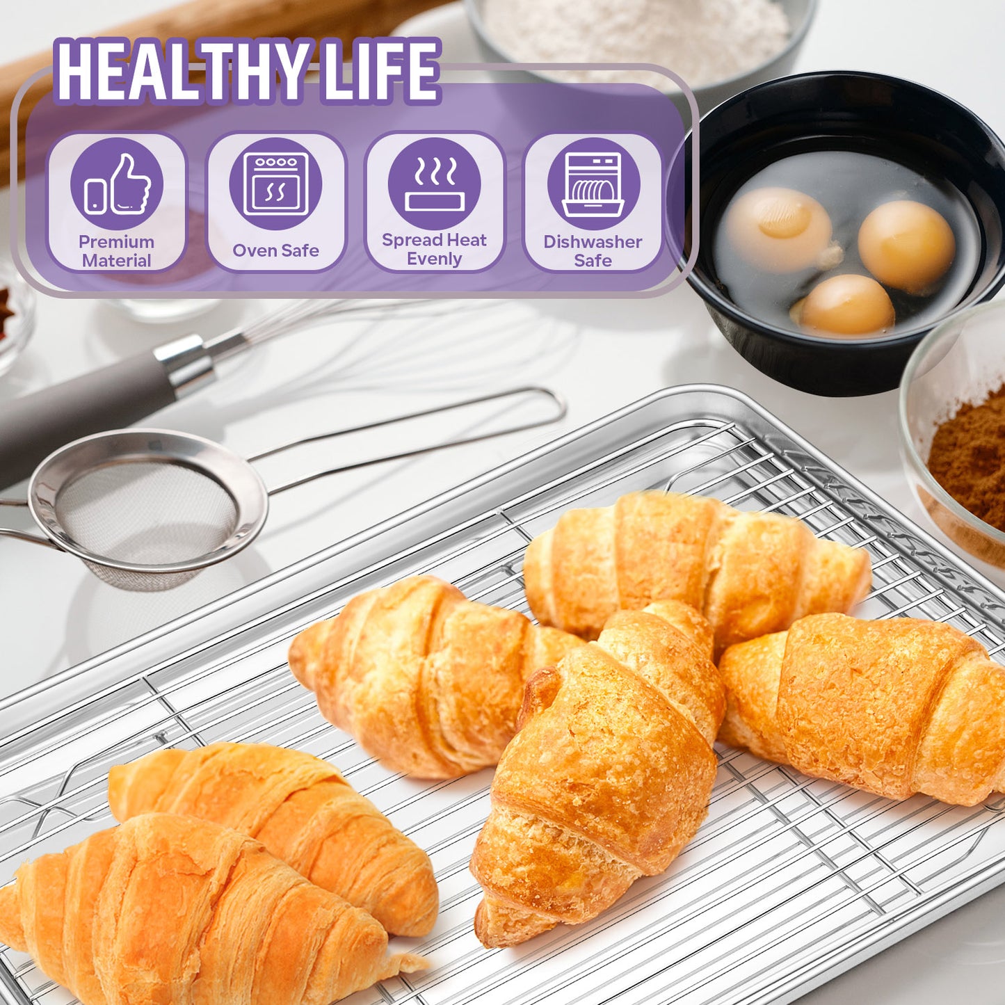 Vesteel 16 inch Stainless Steel Baking Sheet with Rack Set, Cookie Sheet Baking Pan Tray with Cooling Rack