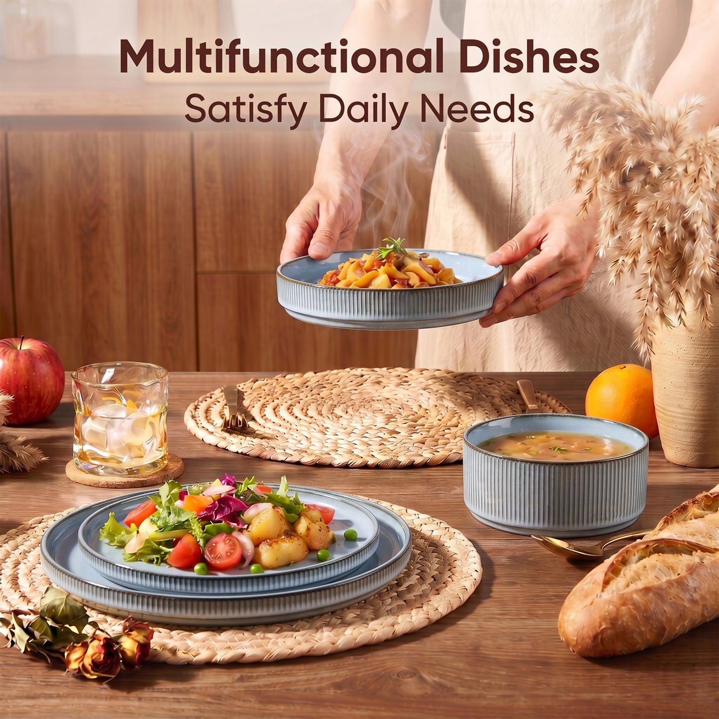 Onader 8-Piece Stoneware Dinnerware Set, Vertical Striped Reactive Glaze Plates and Bowls Sets for the Kitchen, Microwave & Dishwasher Safe, Smoke Gray