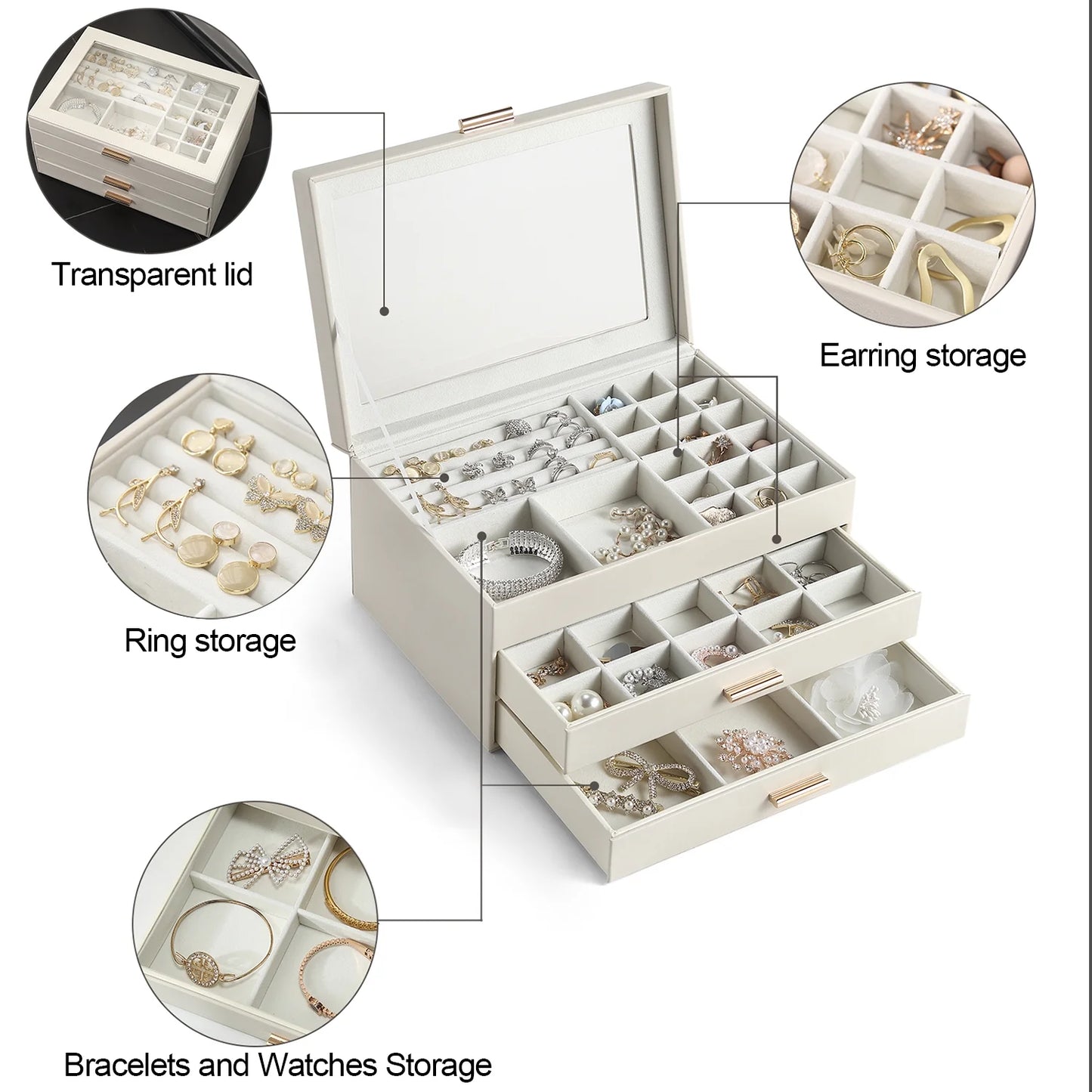 Vesteel Jewelry Box for Women Girl, 3-Layer 2 Drawer Jewelry Storage Organizer with Clear Lid for Thanksgiving Christmas, Large Jewelry Case for Rings Necklaces Earrings Watches - White