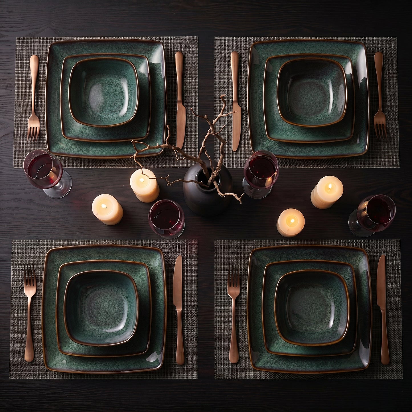 Onader 12 Piece Dinnerware Sets, Reactive Glaze Plates and Bowls Set for 4, Dishes Sets Serve for Steak Salad Soup, Scratch Resistant & Microwave Safe, Blackish Green