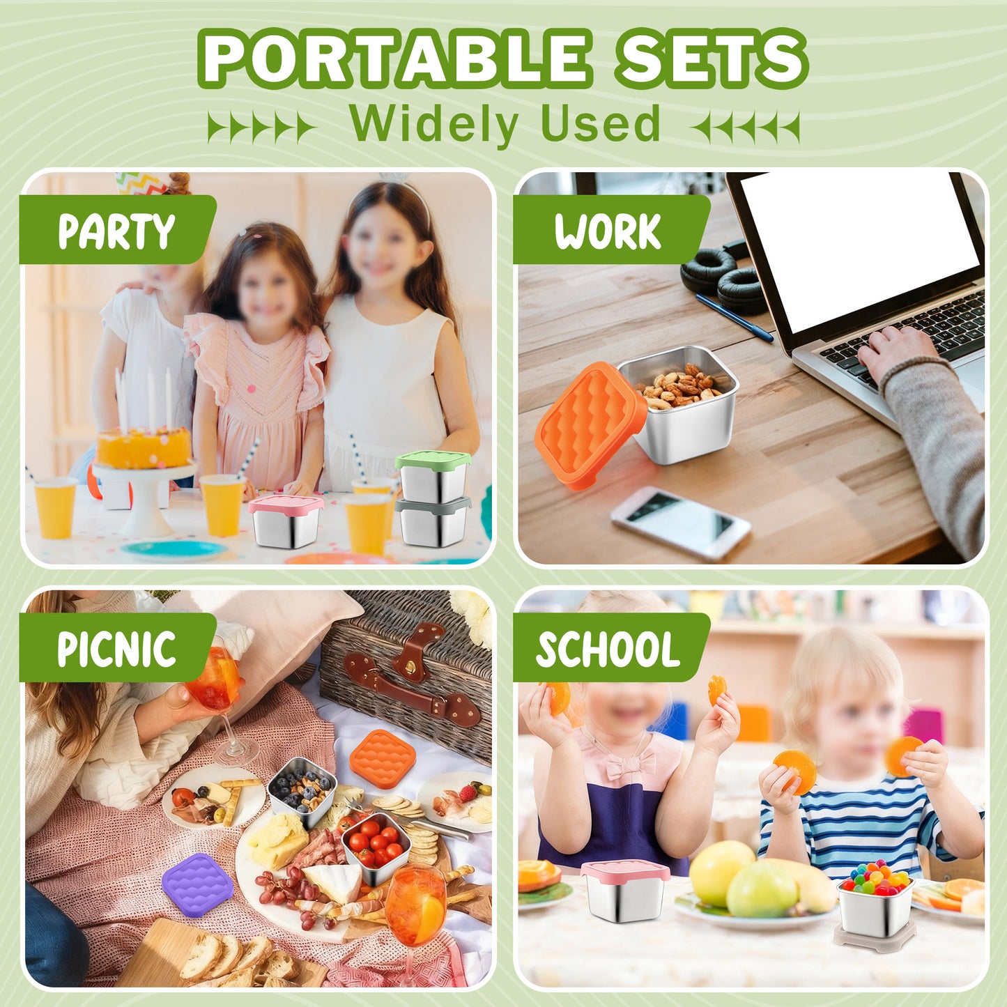 Vesteel 6-Pack Stainless Steel Snack Containers for Kids, 6oz Easy Open Leak Proof Toddler Snack Containers with Silicone Lids, Stackable Metal Toddler Lunch Box for Daycare, School and Travel