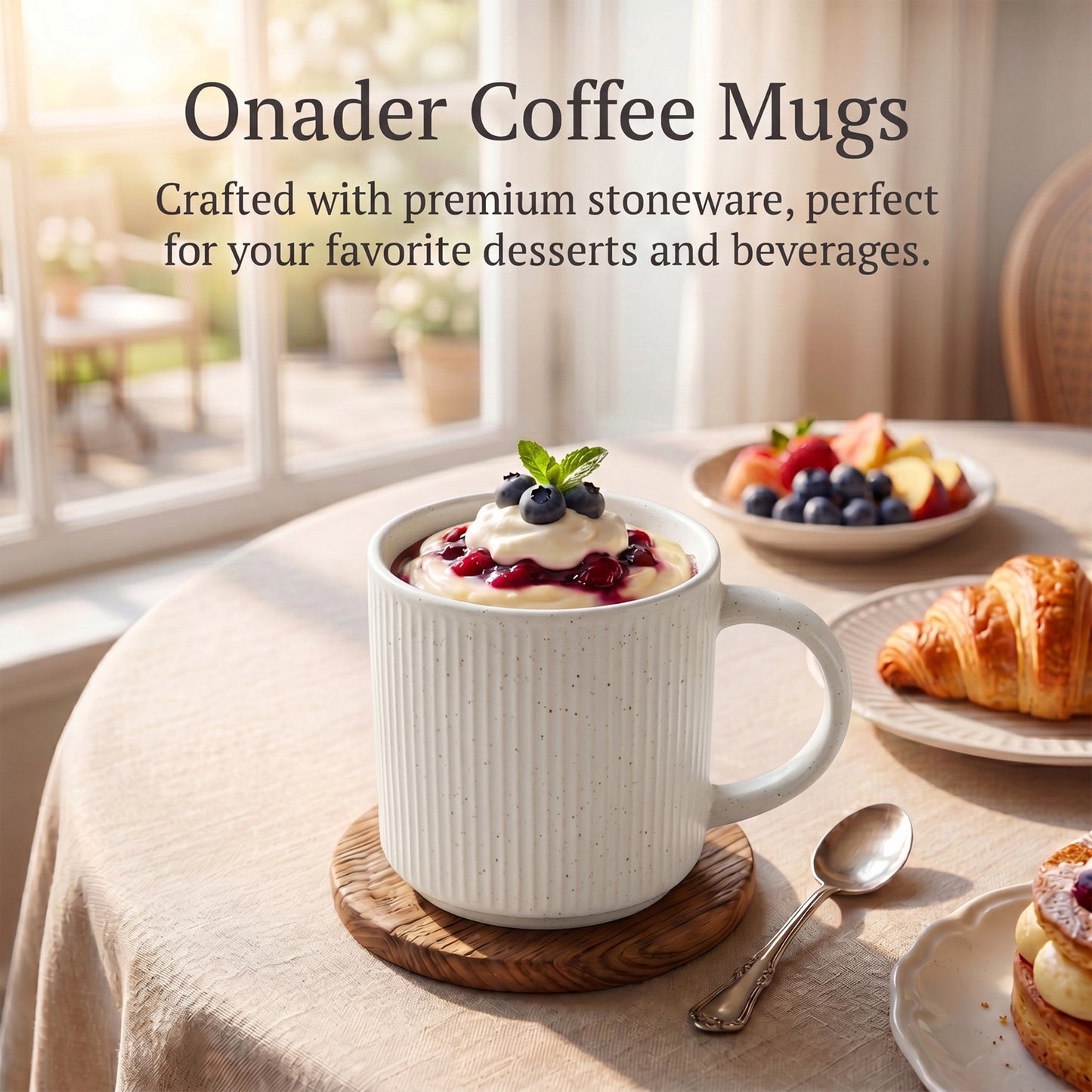 Onader 4-Pieces Coffee Mugs Set, Water Cups with Large Handle, 12 oz Ceramic Mugs Suitable for Tea Milk Latte, Stain-Resistant & Microwave Safe, Speckle White