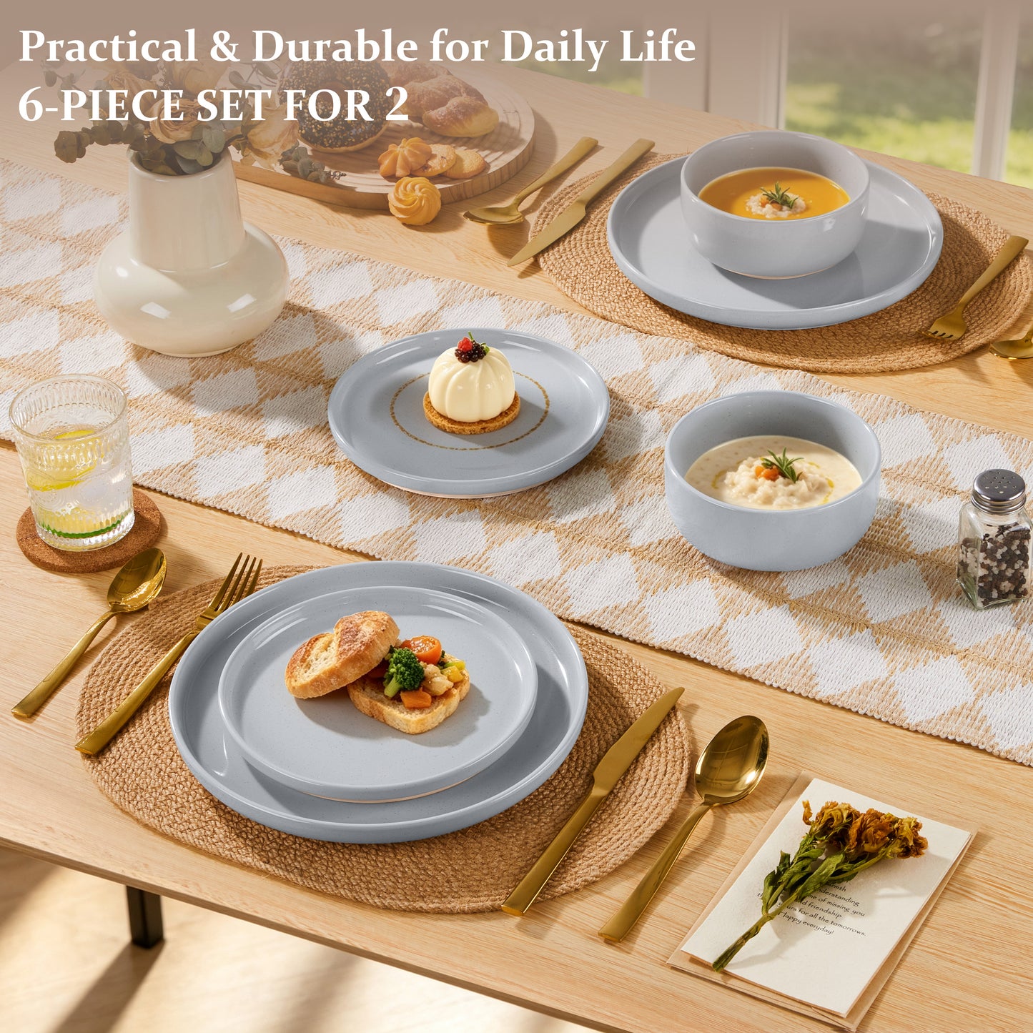 Vesteel Stoneware Dinnerware Sets for 2, 6 Pieces Ceramic Plates and Bowls Sets, Elegant Dishes with Rustic Terracotta Base, Dishwasher & Microwave Safe, Scratch Resistant, Light Gray