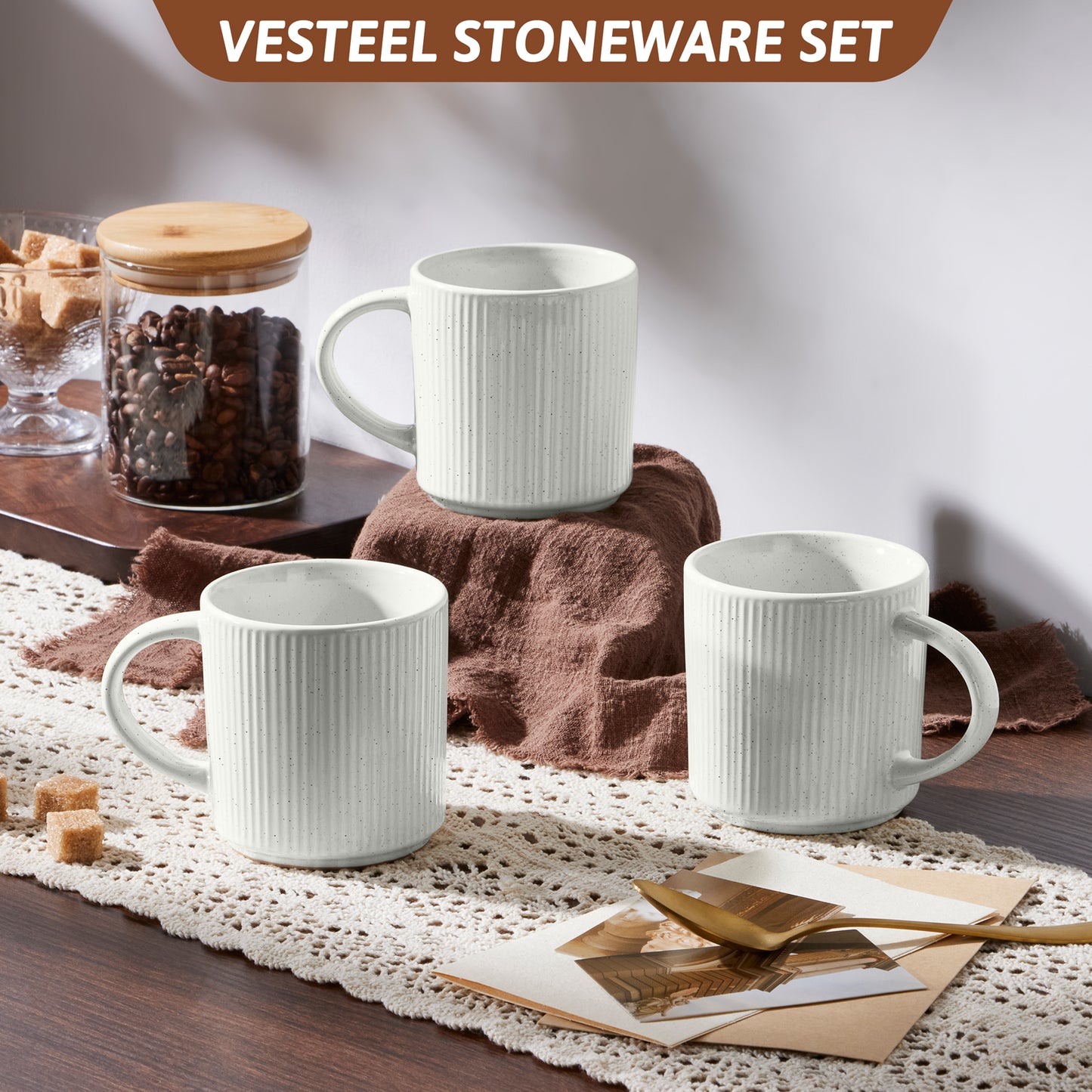 Vesteel Ceramic Coffee Mug Set of 6, 12 Ounce Porcelain Stoneware Mug with Handles, Catering Coffee Cups for Coffee, Tea, Hot Cocoa, Milk, Microwave and Dishwasher Safe, Speckled White