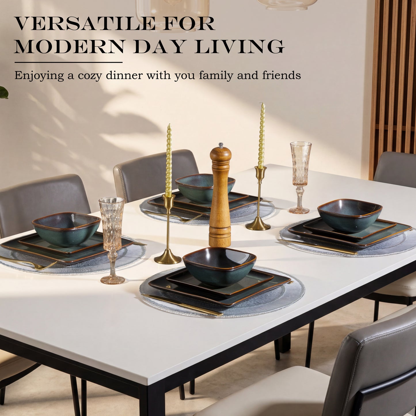 Vesteel Dinnerware Sets for 4, 12-Piece Stoneware Dish and Bowls Set, Handmade Reactive Glaze Coupe Plates Set for Family, Chip & Scratch Resistant - Forest Green