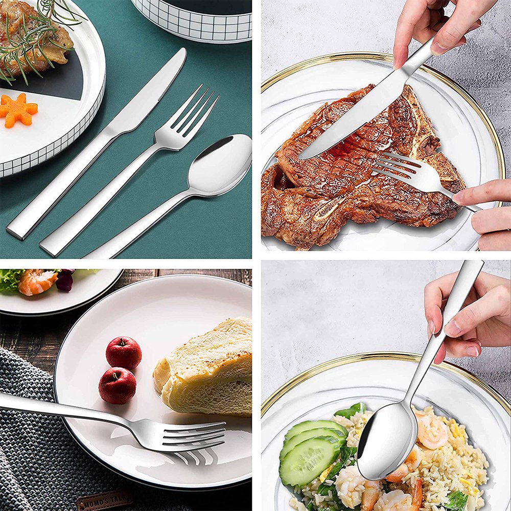20-Piece Silverware Set, VeSteel Stainless Steel Flatware Set Service for 4, Modern Tableware Cutlery Set Includes Forks, Spoons, Knives, Square Edge & Mirror Finish, Dishwasher Safe