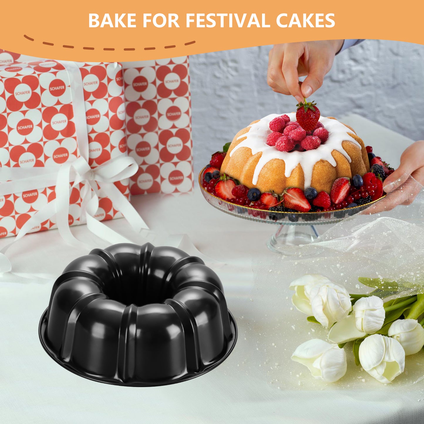 Vesteel 10 inch Bundt Cake Pan, Non-Stick Pan for Baking Brownie Flan Meatloaf, Carbon Steel Bakeware with Tube for Birthday Wedding Christmas Events, Heavy Duty & Durable - Black