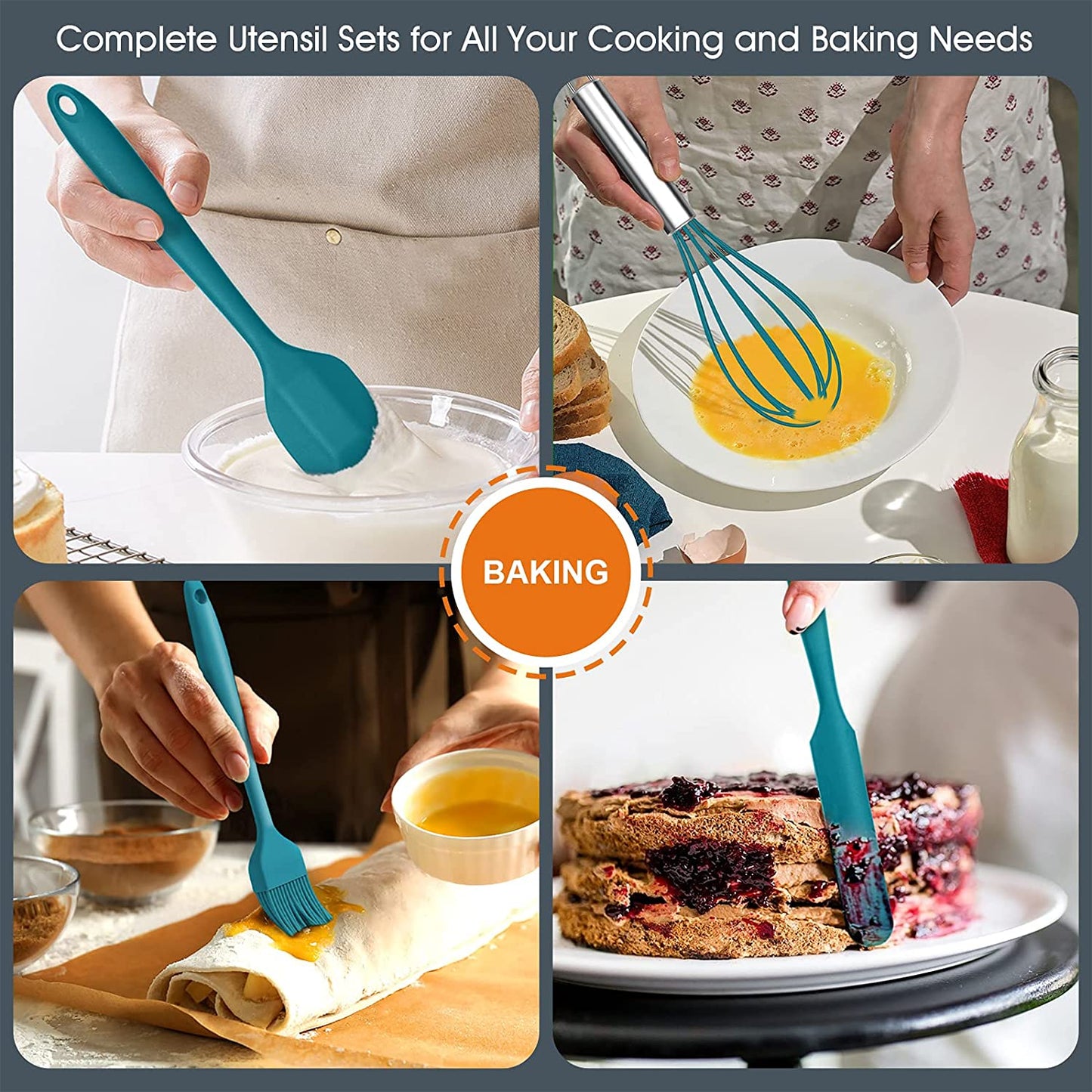 Vesteel 15-Piece Kitchen Utensils Set, Silicone Cooking Utensils with Holder, Non-stick Cookware Friendly & Heat Resistant - Teal Blue