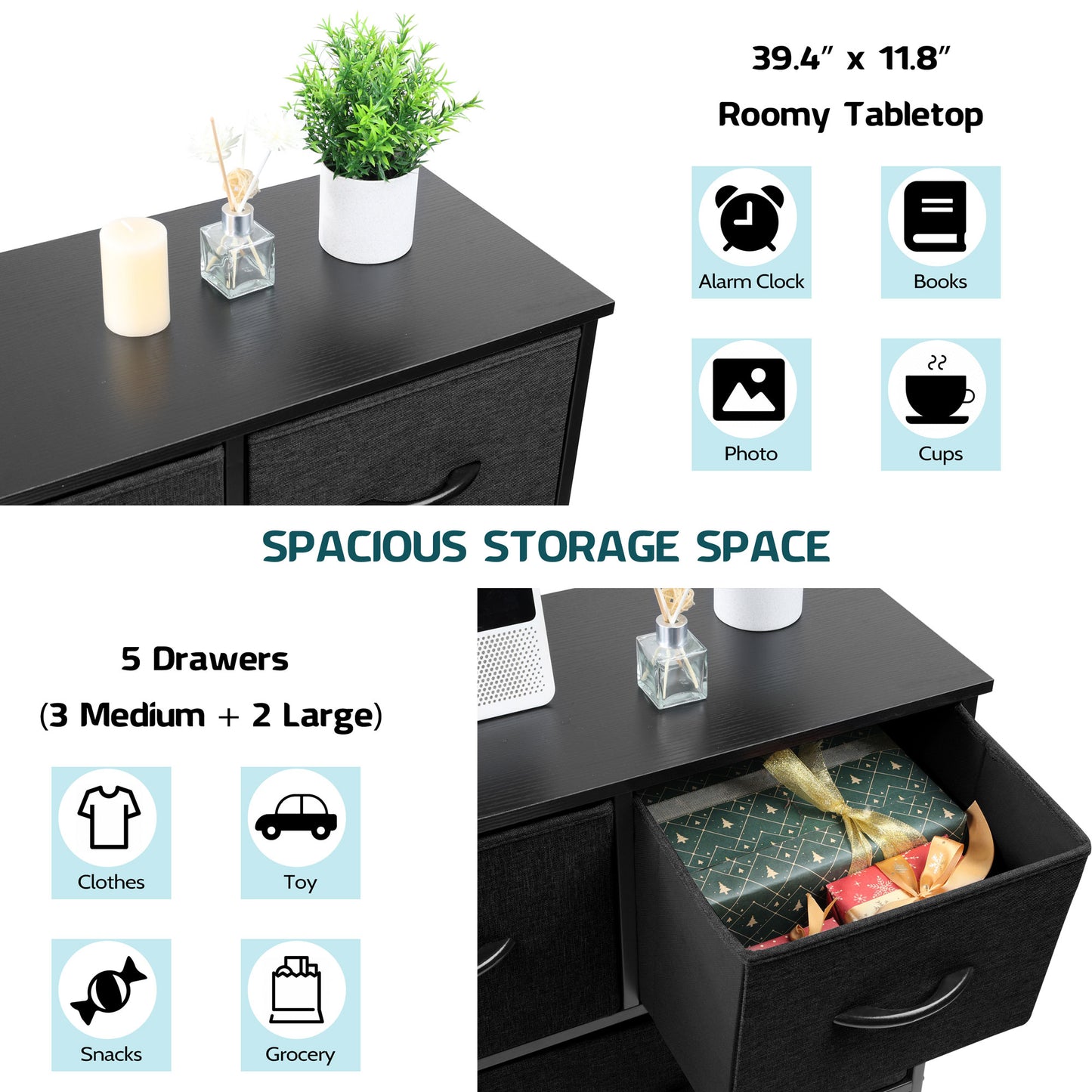 Vesteel 5 Drawers Dresser, Wide Chest of Drawers Fabric Dresser with Wood Top and Sturdy Steel Frame, Storage Organizer Unit for Closet, Living Room, Hallway - Black